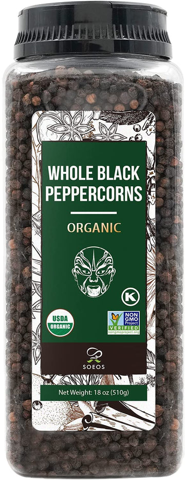 Soeos Organic Black Peppercorns, 18oz (Pack of 1), Non-GMO, Kosher, Packed to Keep Peppers Fresh, Peppercorn for Grinder Refill,