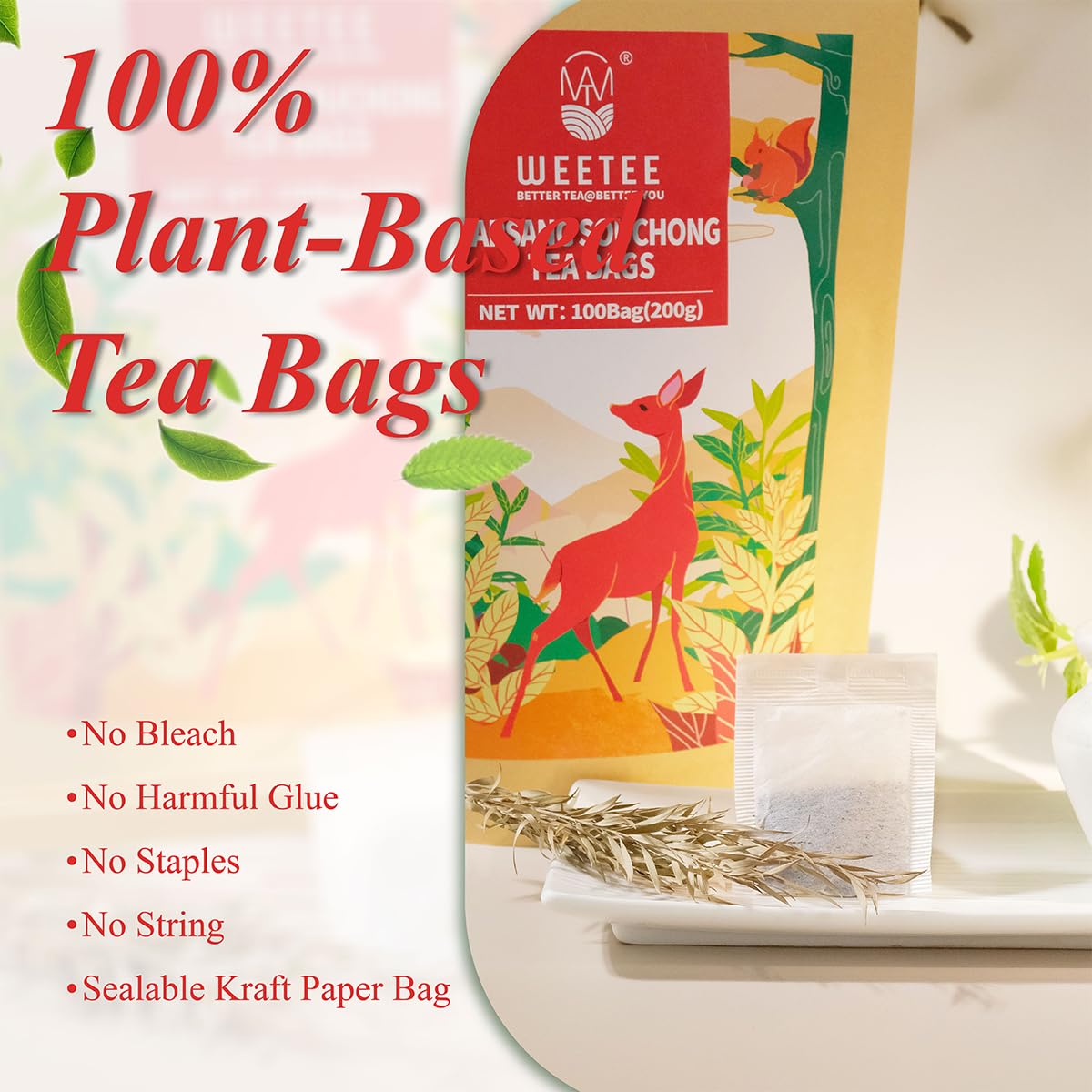 WT WEETEE Lapsang Souchong Tea Bags, Smoky Black Tea, 100 Count, Resealable Kraft Bag, Natural Caffeine & Antioxidants