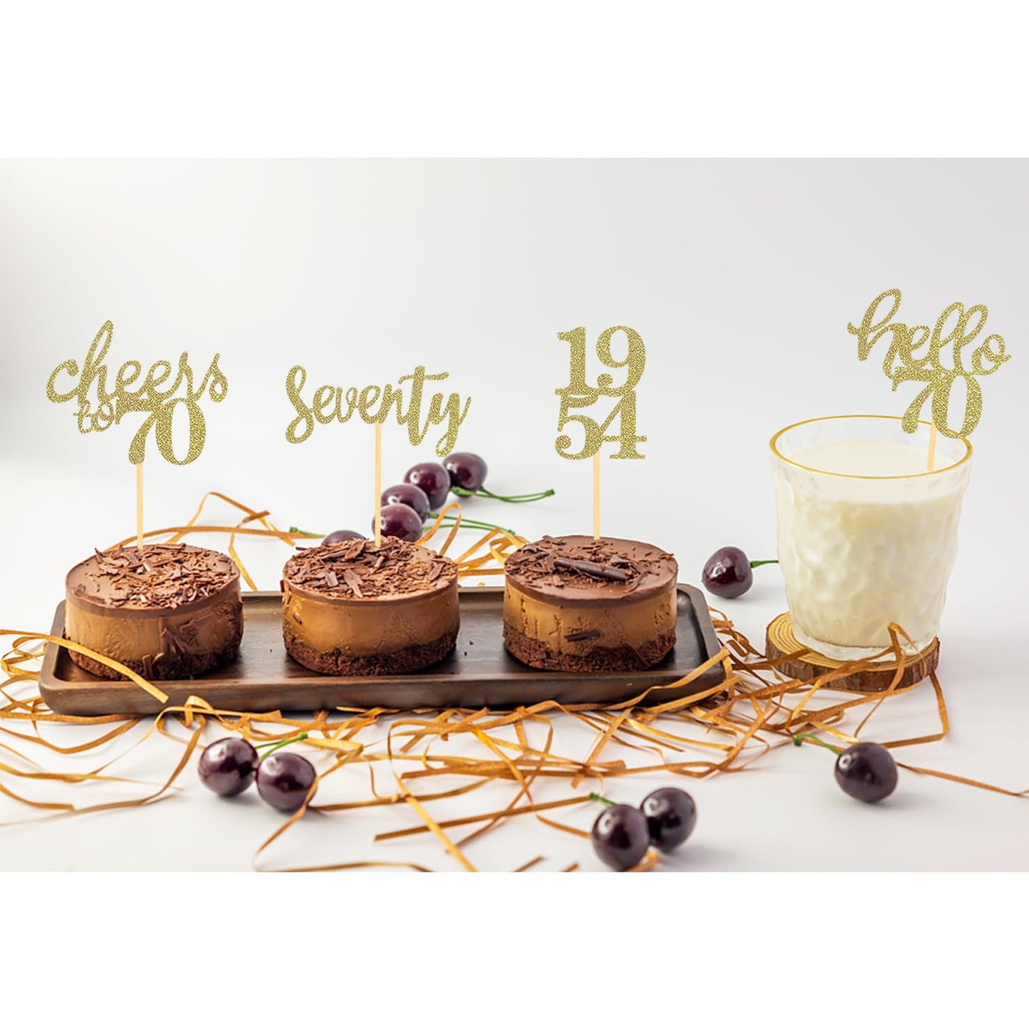 Moitkptt 24 Pcs Gold Glitter Cupcake Toppers for 70th Birthday Party Decorations, Model BIR70, Paper Material
