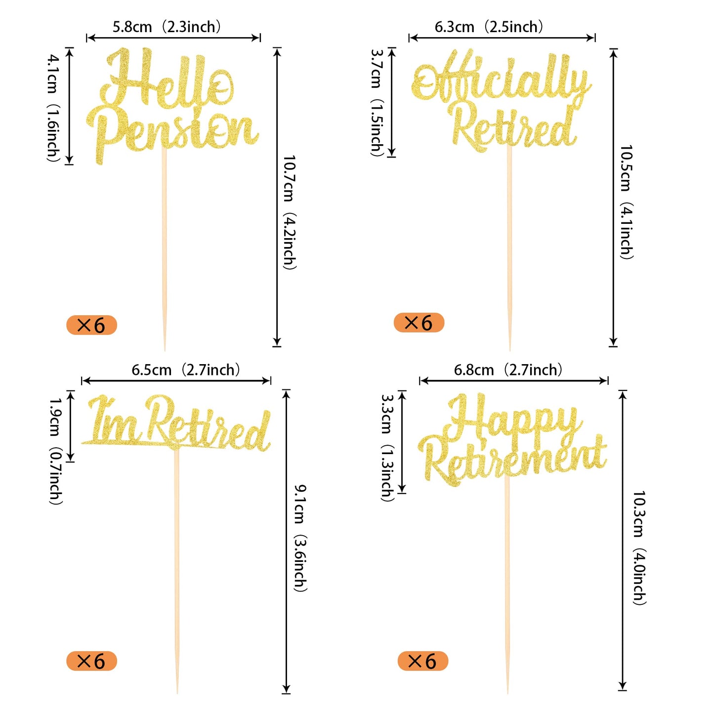 Rssta i Cupcake Toppers, 24 Pack, Glitter Retirement Theme, Gold, Model XM014-Gold