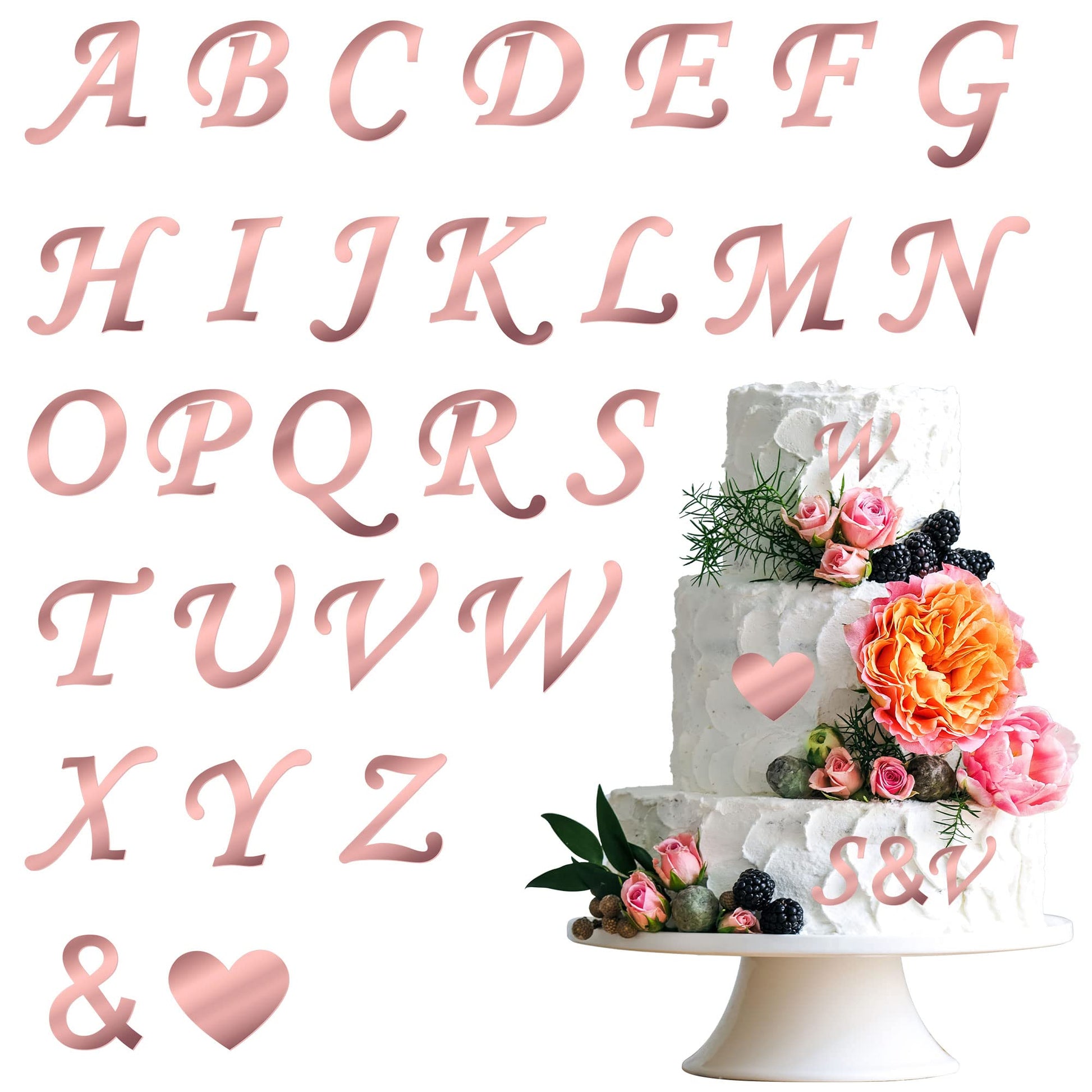 Gyufise 28Pcs Rose Gold Acrylic Alphabet Cake Toppers Diy Custom Cupcake Toppers A-Z Letter Mirrored Gold Picks For Personalized