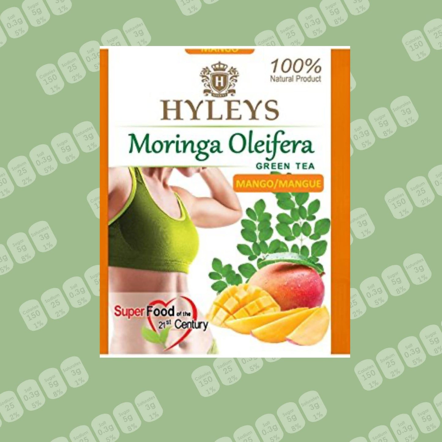 Hyleys Moringa Oleifera and Green Tea Mango Flavor - 50 Tea Bags - Superfood  Tree Tea with Dried Moringa Oleifera Leaves