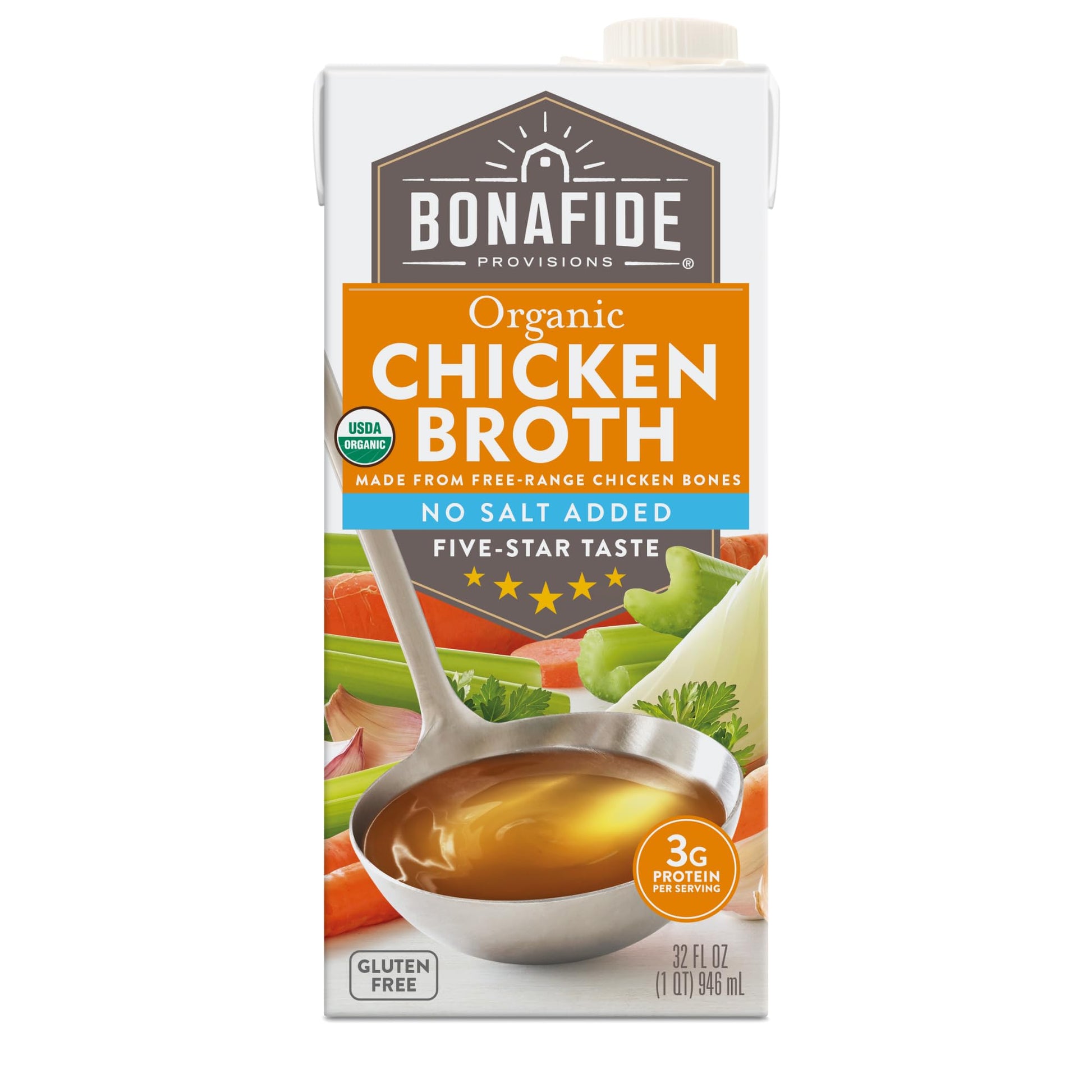 Bonafide Provisions No Salt Added Organic Chicken Broth, Shelf Stable 32 fl oz
