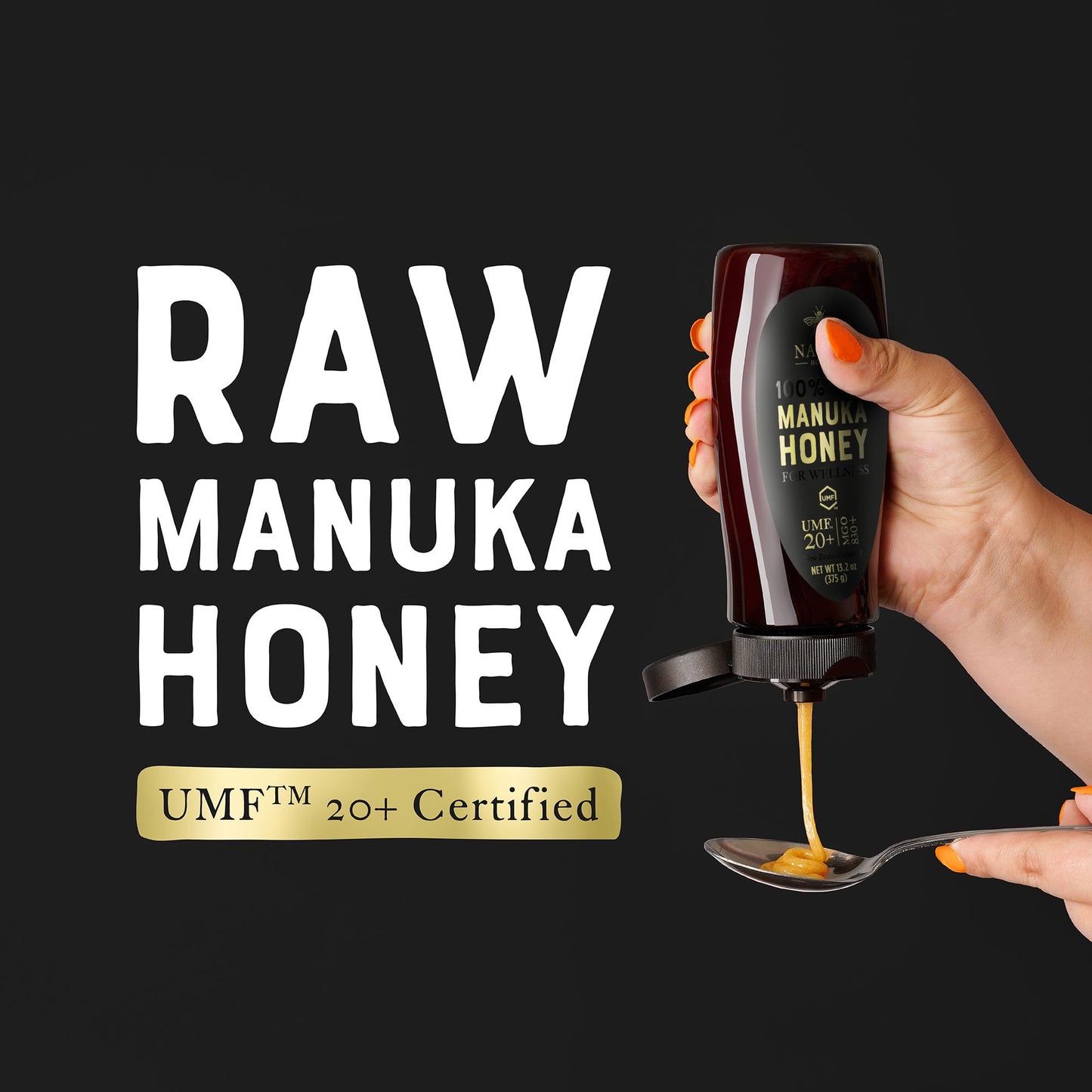 Nates Pure Manuka Honey  Gold Edition | Sourced & Packed in New Zealand | MGO 830+ UMF Certified 20+ | 13.2 oz Squeeze Bottle