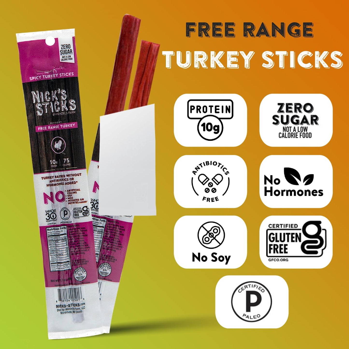 Nicks Sticks Clean & Balanced Spicy Free Range Turkey Snack Sticks | Made in the USA | Gluten Free | Paleo, Keto, Whole30 Appro