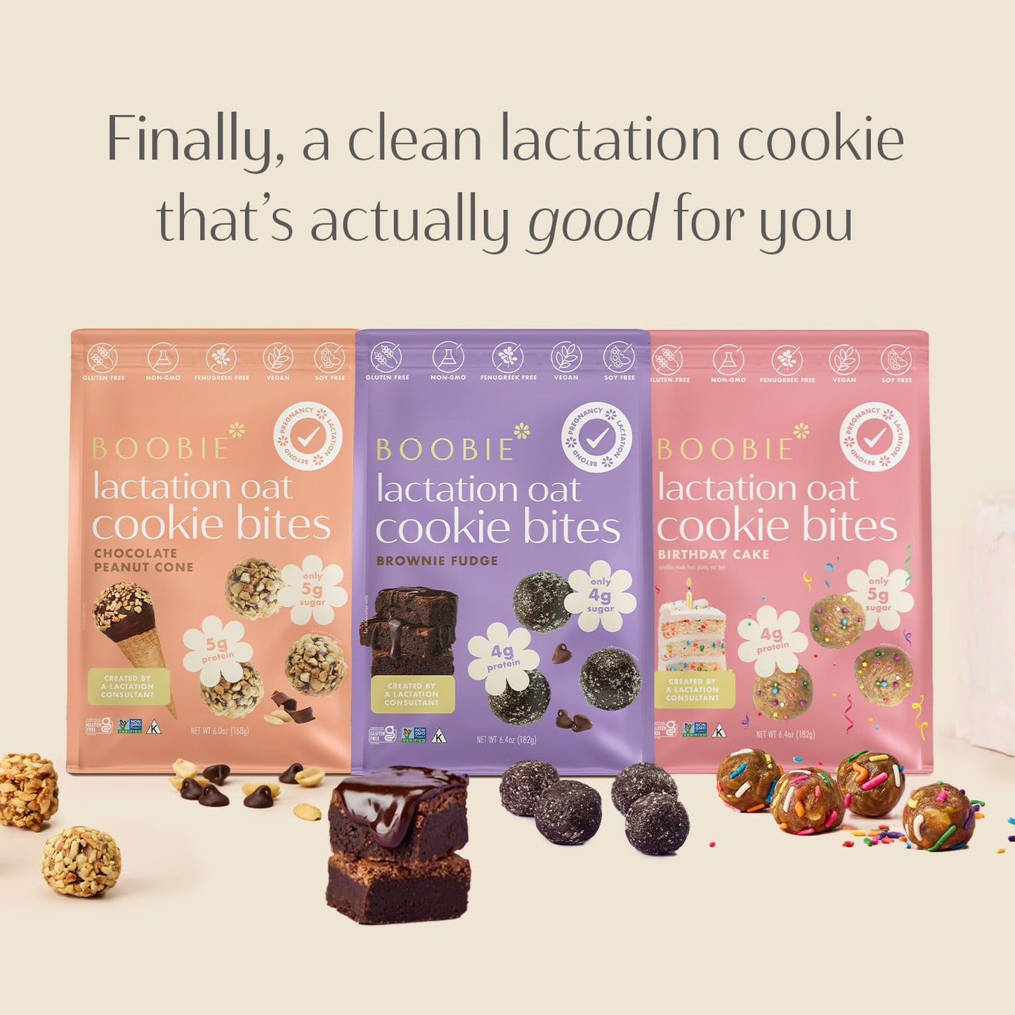 Boobie Lactation Cookies, Brownie Fudge | Vegan, Gluten-Free, Dairy-Free, Soy-Free Plant-Based Protein + Prebiotics | 5g Sugar,