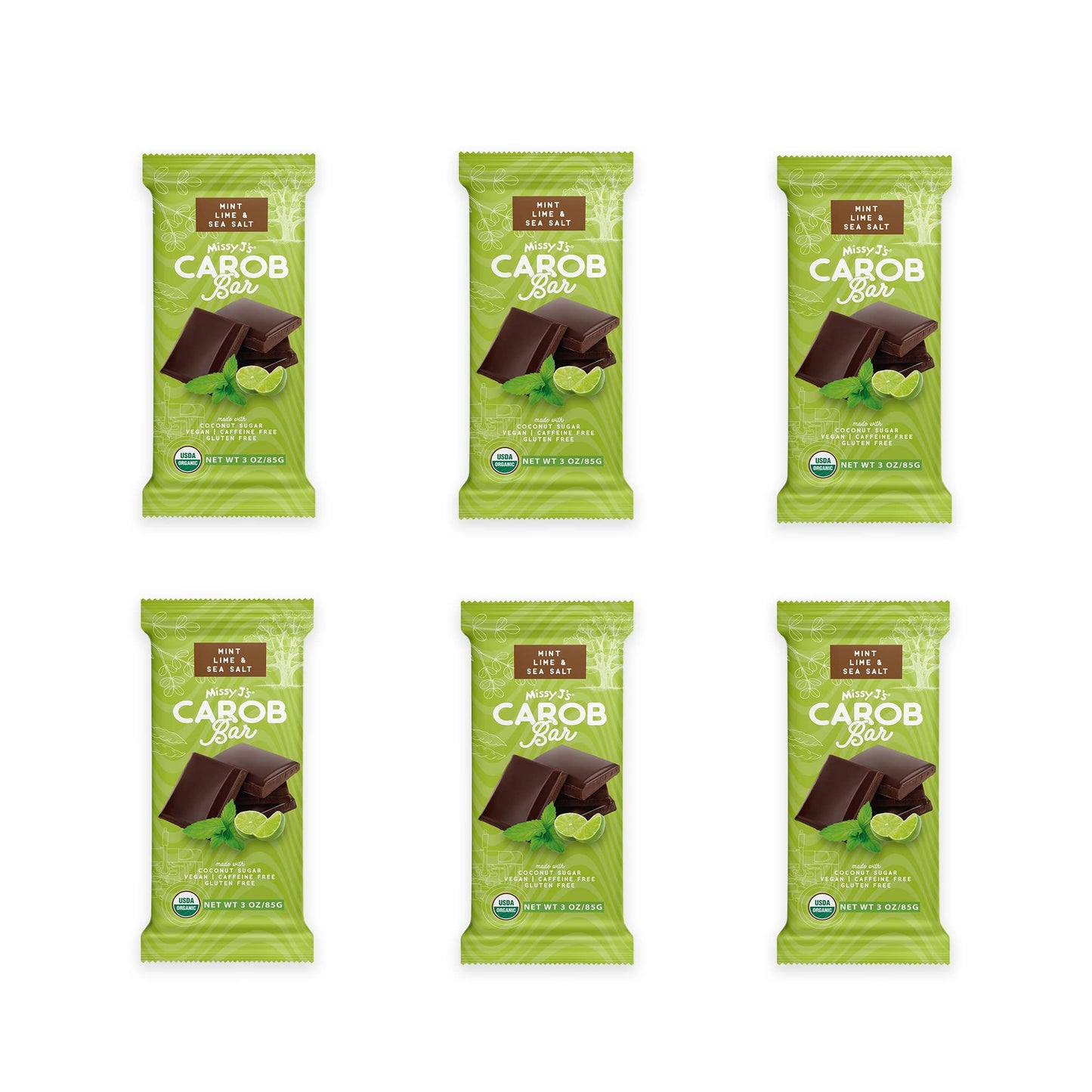 Missy Js Carob Mint Lime & Sea Salt Candy Bar, Vegan, Gluten Free, 3 Oz, 6 Pack