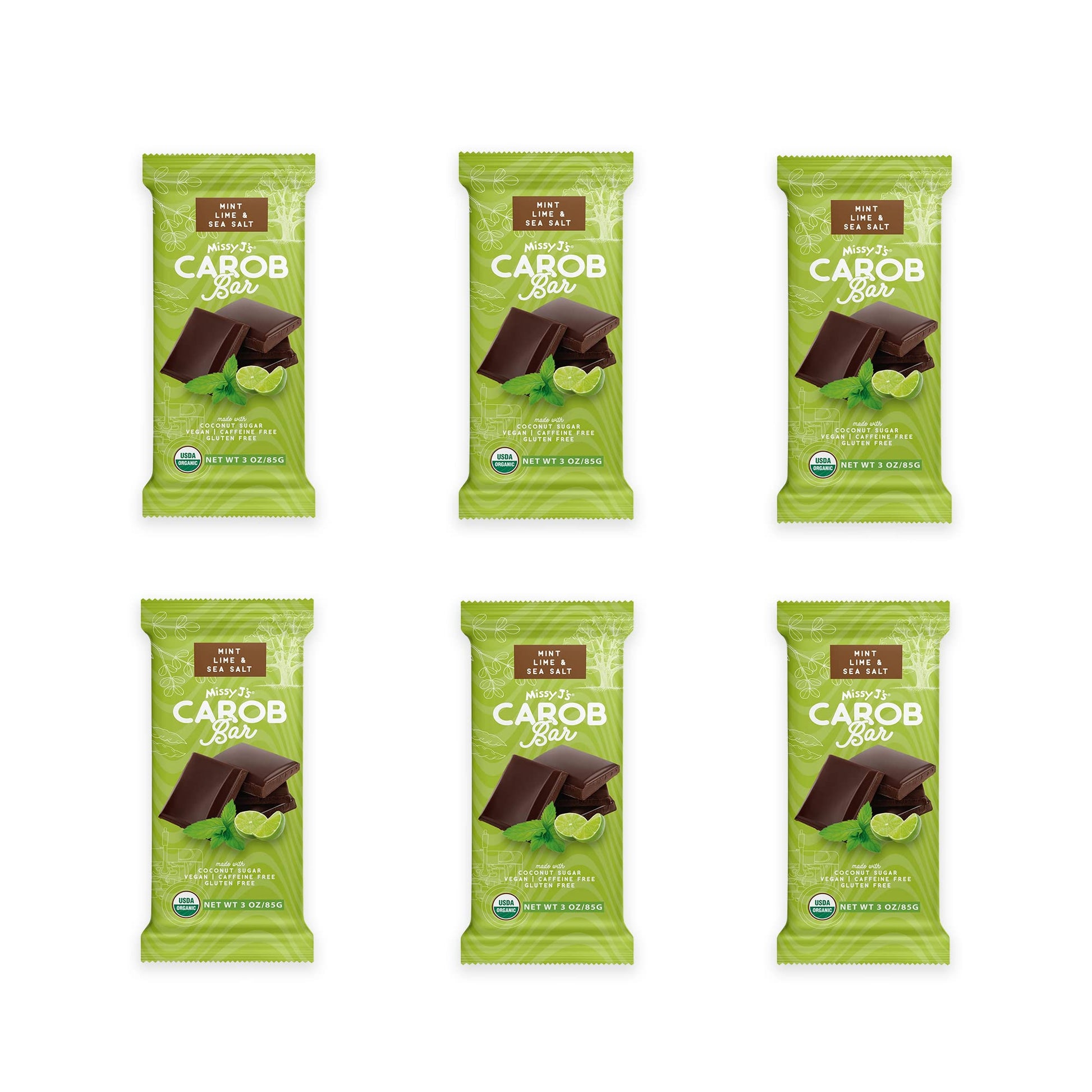 Missy Js Carob Mint Lime & Sea Salt Candy Bar, Vegan, Gluten Free, 3 Oz, 6 Pack