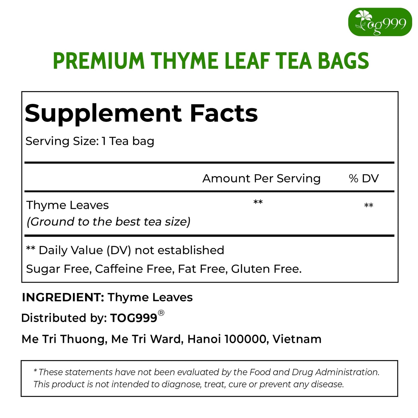 Tog999, Enhanced 120 Thyme Leaf Tea Bags, 100% Natural & Pure. Loose Leaf Thyme Herbal Tea. No Sugar, No Caffeine, No Gluten, Vegan.