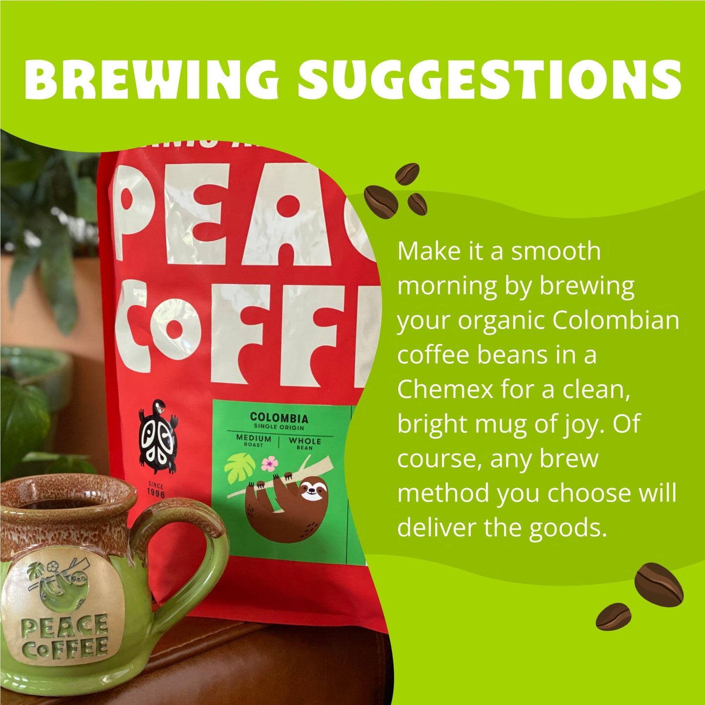 Peace Coffee Colombia Single Origin Coffee | 5 Lb Whole Bean Medium Roast | Organic Fair Trade | Smooth, Crisp Flavor | Shade Gr