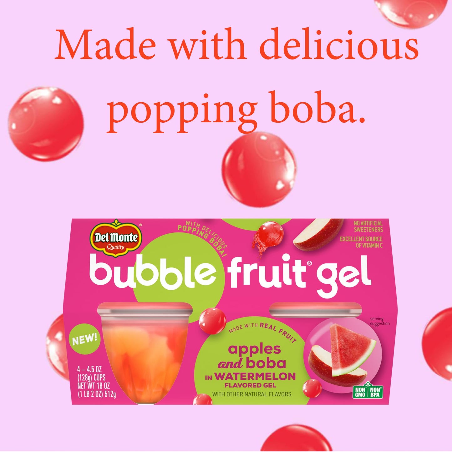 Del Monte Bubble Fruit Gel Apples and Boba in Watermelon Flavored Gel, 4.5oz (24 Count) | Real Fruit & Popping Boba Pearls, Lunc