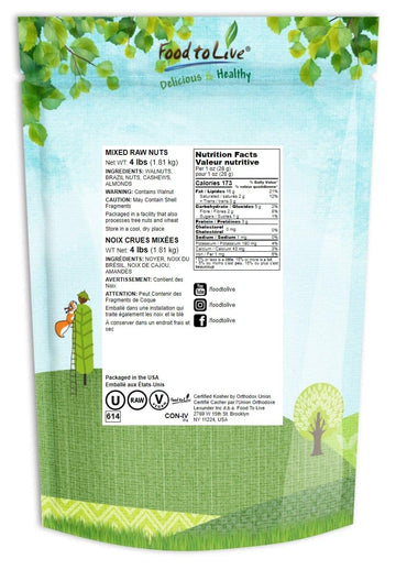 Food to Live Mixed Raw Nuts, Unsalted, Vegan, 4 LB Bulk - Cashews, Brazil Nuts, Walnuts, Almonds, Kosher