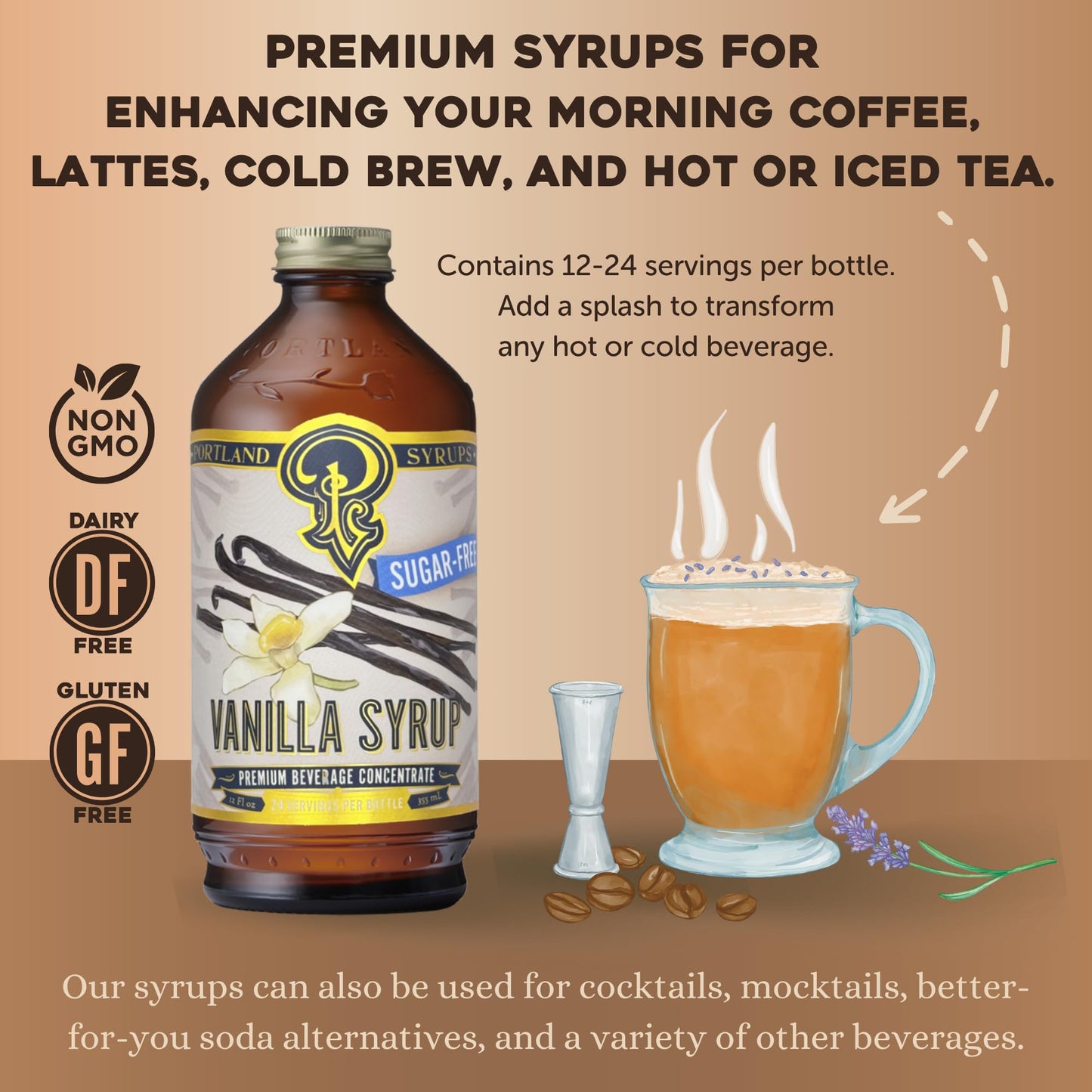 Portland Syrups Sugar-Free Vanilla Syrup - Smooth Creamy Classic Vanilla for Lattes, Cold Brew, Iced Tea, Smoothies, Desserts, N