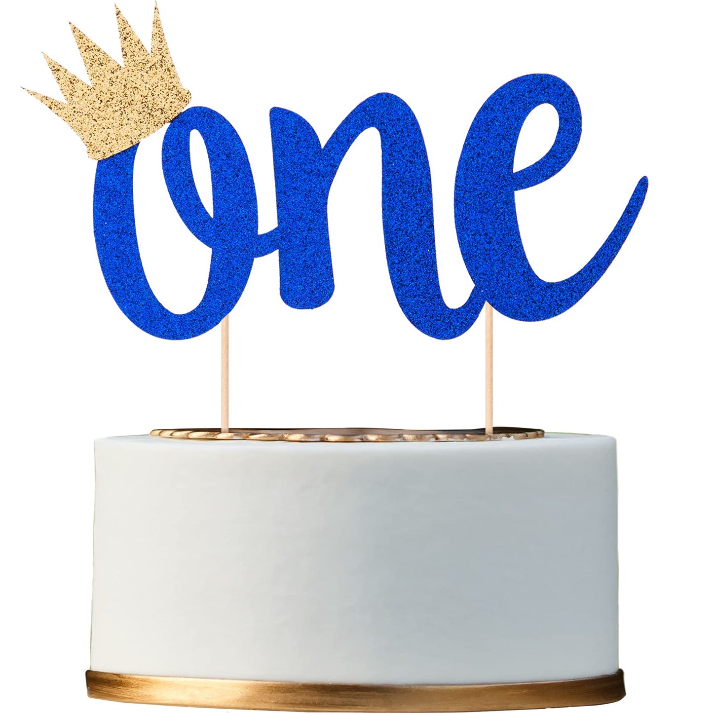 Double Sided Glitter Cake Topper For 1St Birthday Boy With Crown, Royal Blue One Cake Topper For Boys First Birthday Cake Party 