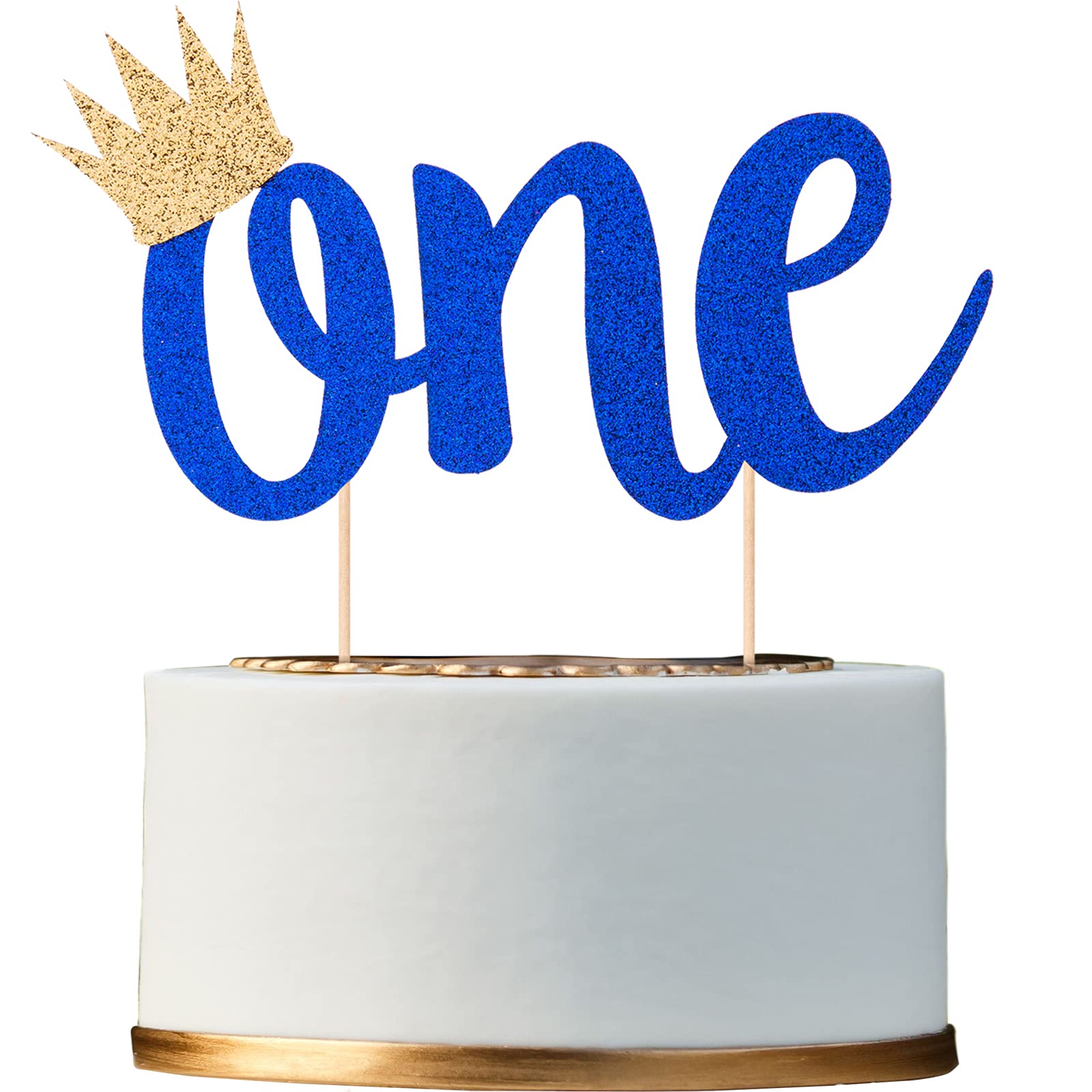 Double Sided Glitter Cake Topper For 1St Birthday Boy With Crown, Royal Blue One Cake Topper For Boys First Birthday Cake Party 