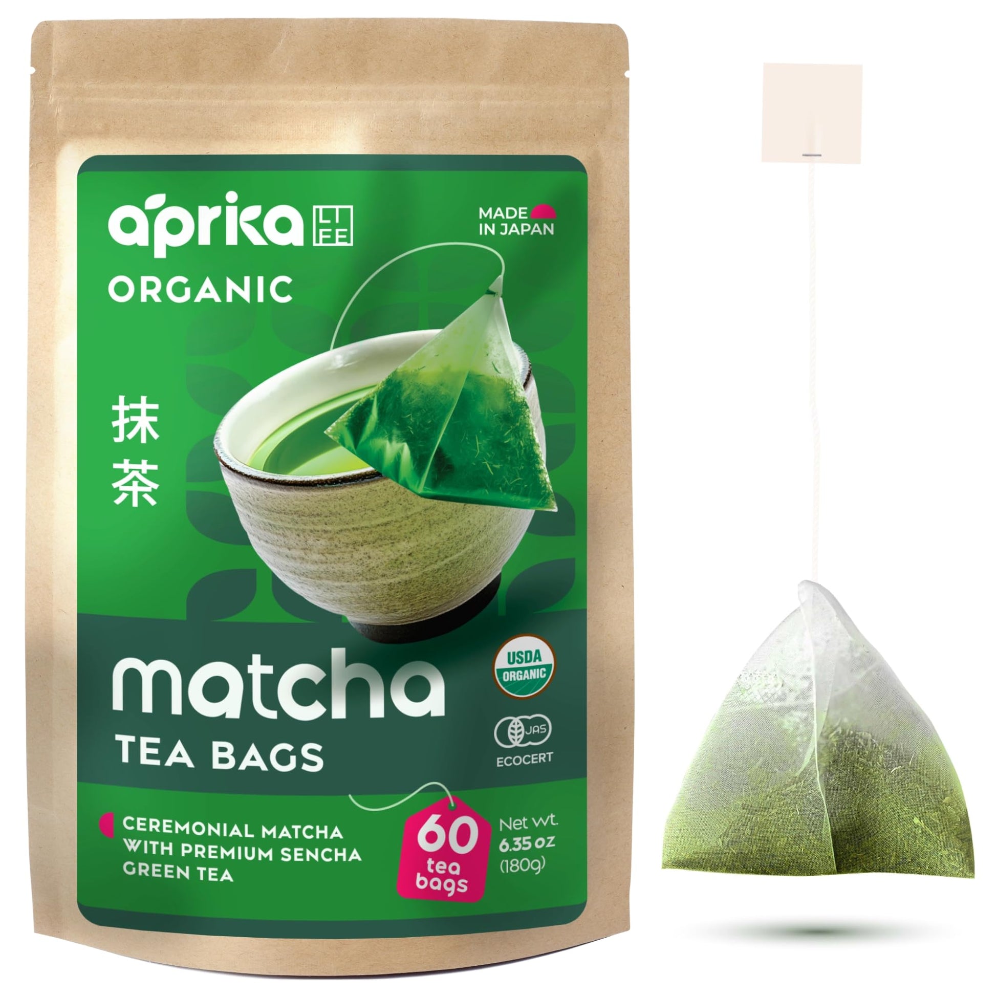 Aprika Life Organic Japanese Matcha Green Tea Bags - Ceremonial Grade - 60 Tea Pyramids - 1st Harvest Spring Sencha Blend