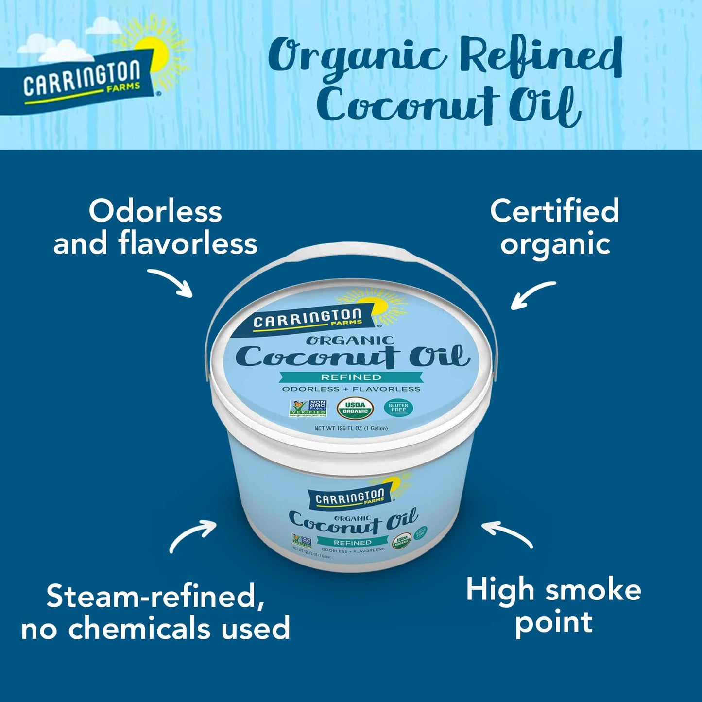 Carrington Farms Organic Refined Coconut Oil - Gluten Free, Non-GMO, 128 Fl Oz