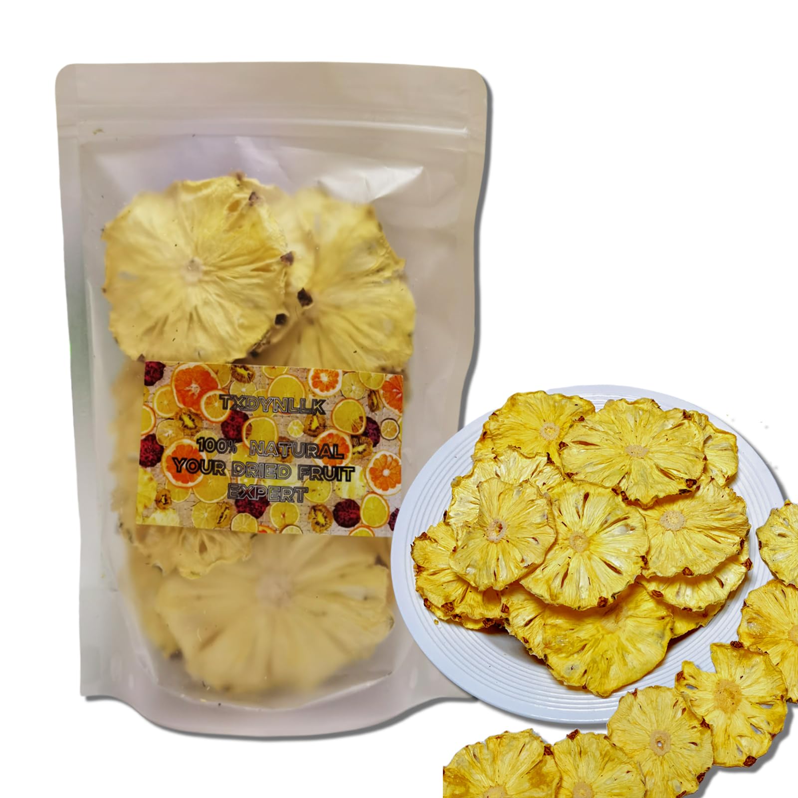 Txdynllk Dried Pineapple Slices - Dehydrated Pineapple For Cocktail Garnish, Drinks, Baking, And Fruit Tea - No Sugar, No Sulphur - Edible Pineapple Flowers Snacking 3.53Oz(100G)