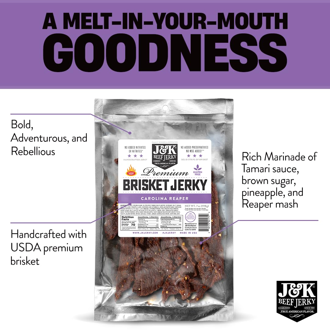 J&K Jerky Carolina Reaper Beef Brisket Jerky - Small Batch American Made Slab Beef Jerky'S Spicy And Savory Snack With A Kick -