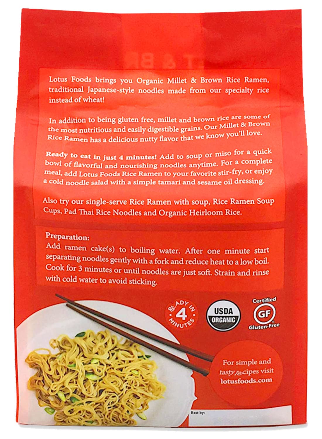 Lotus Foods Organic Millet & Brown Rice Ramen - Gluten Free Rice Ramen, Whole Grain Ramen Noodles, Low Sodium Rice Noodles, Usda Organic, Gluten Free, Vegan - 10 Oz Bags (Pack Of 6)