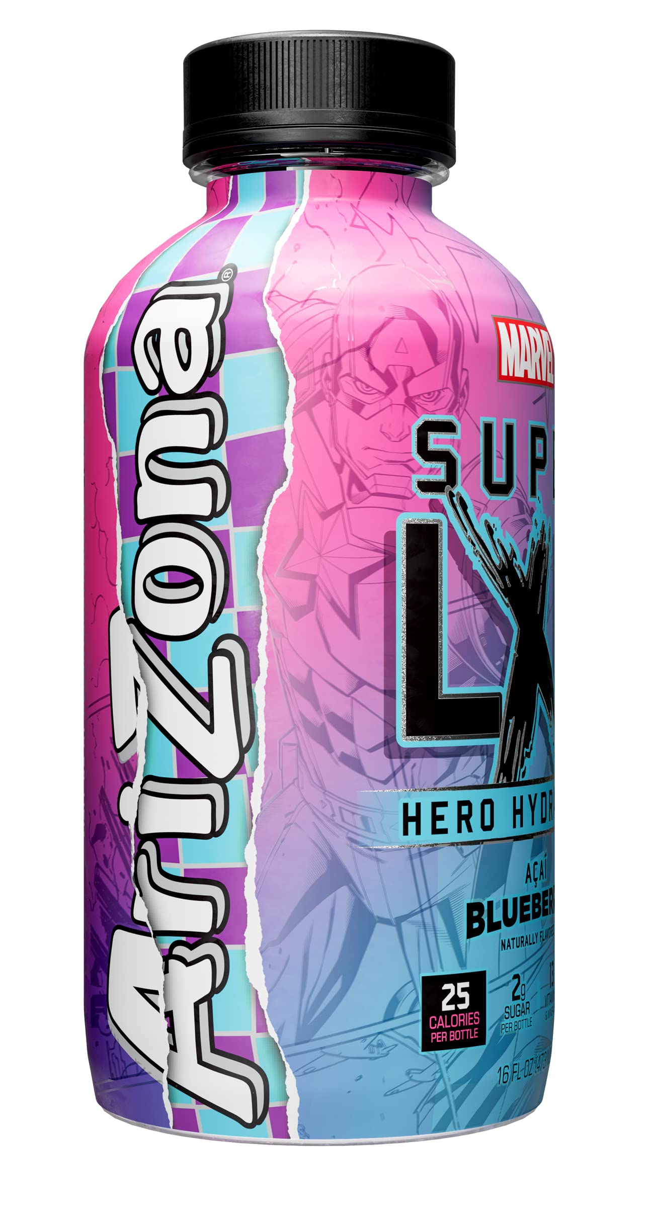 AriZona x Marvel Super LXR Hero Hydration - Acai Blueberry - 16oz (Pack of 12) - Low Sugar Sports Drink, Perfect for Athletes, V