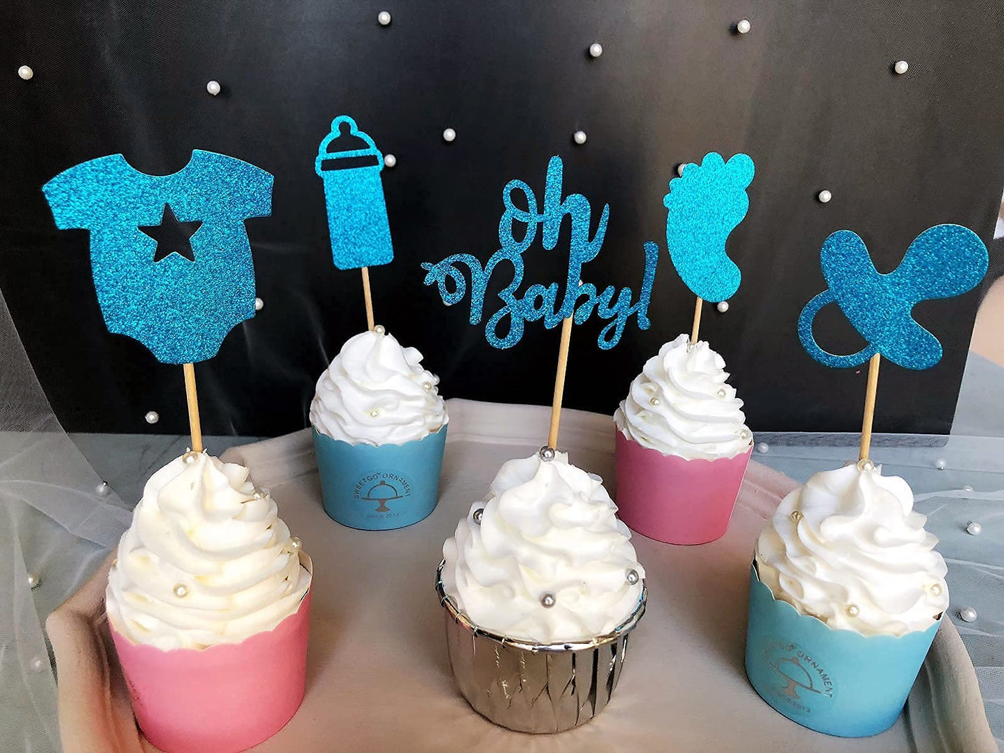 30-Pack Glitter Baby Shower Cupcake Toppers Cake Topper, Blue Oh Baby Onesie Bottle Foot Print Nipple Cupcake Toppers Cake Toppe