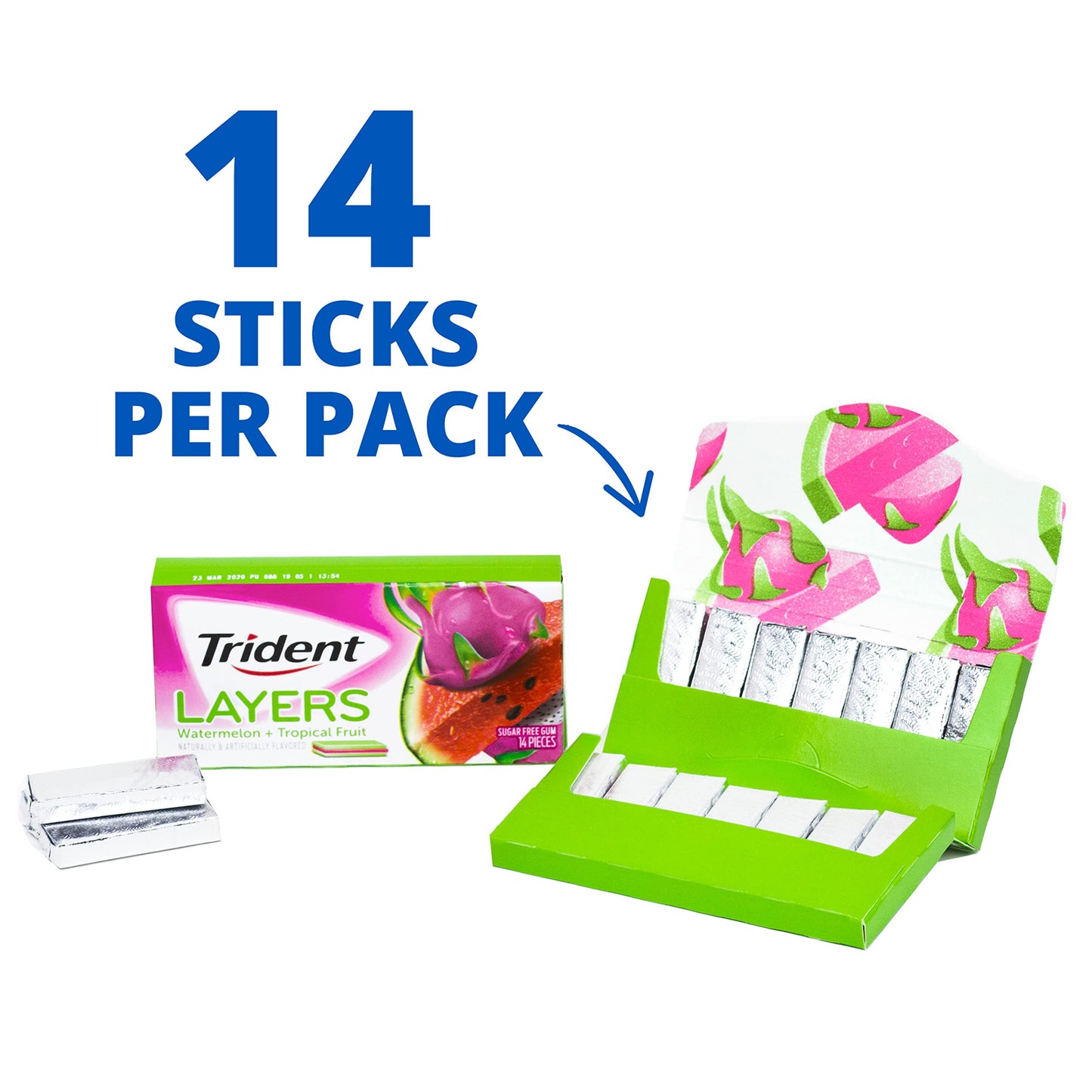 Trident Layers Watermelon & Tropical Fruit Sugar Free Gum, 12 Packs of 14 Pieces - Total 168 Pieces, Fresh Flavor, Perfect for On-the-Go