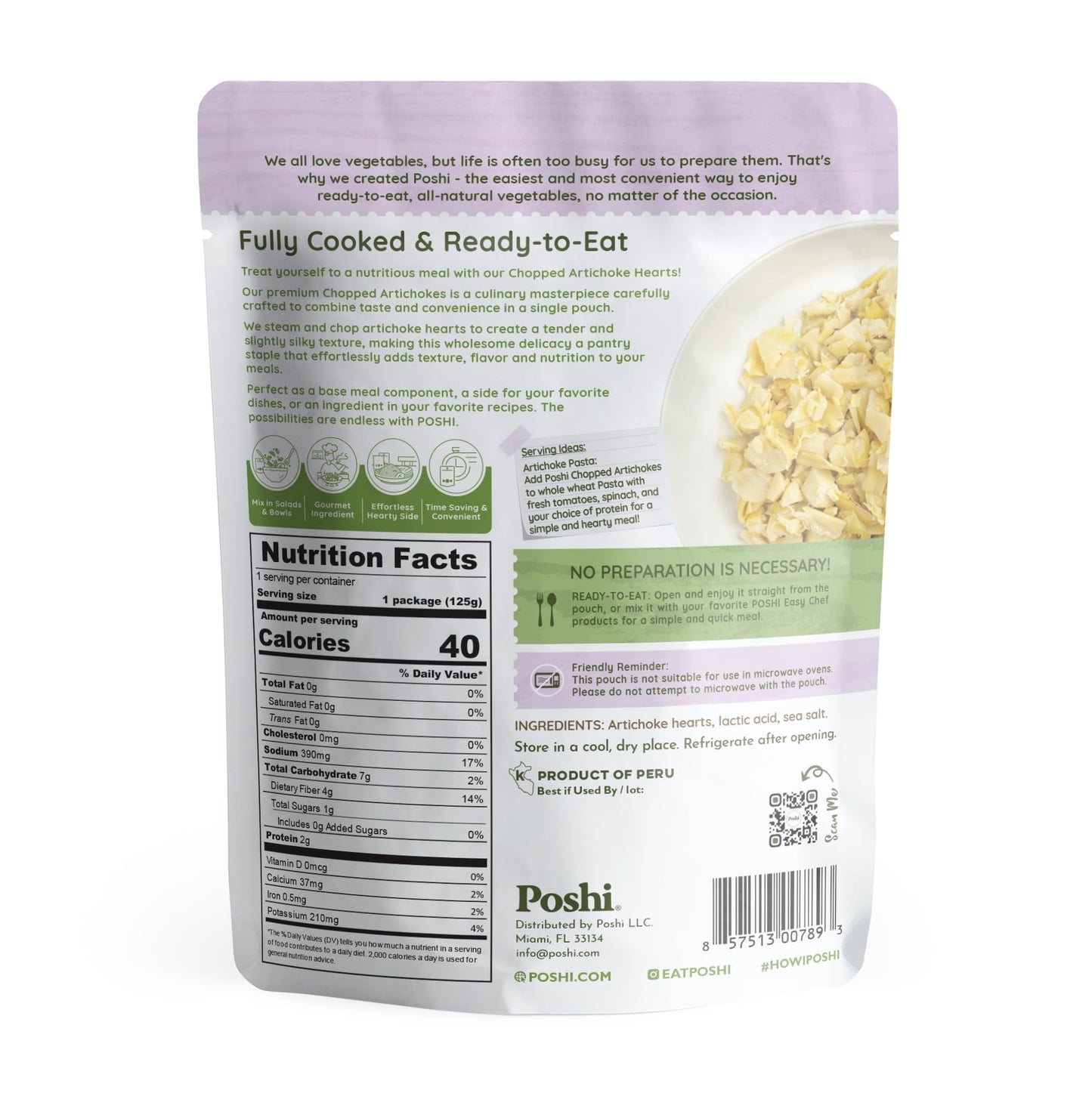 Poshi Chopped Artichoke Hearts - Steamed, Gluten-Free, Vegan - 6-Pack (4.4 oz/Pouch)