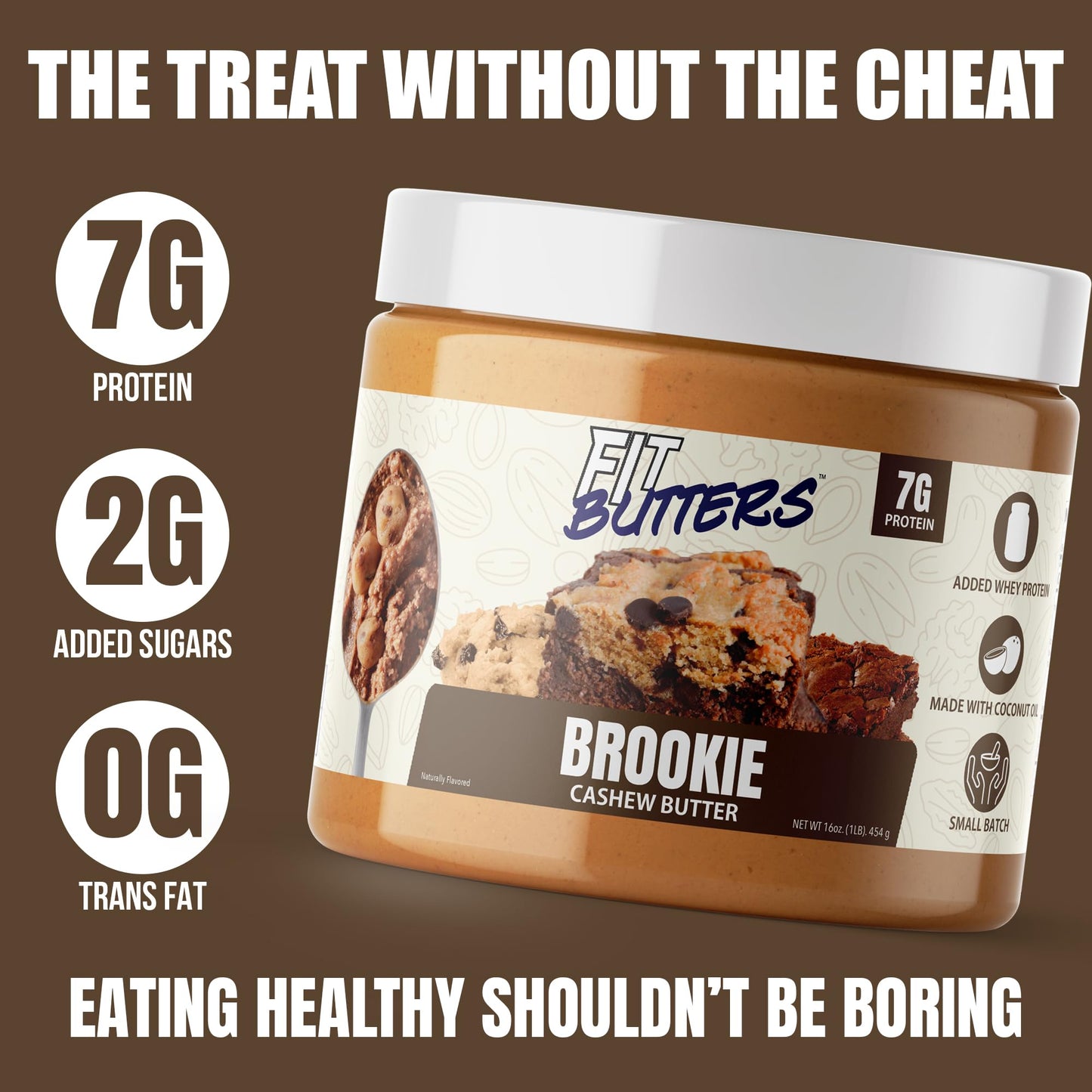 Fit Butters Brookie Cashew Butter - Added Protein And Coconut Oil, Low Carb, Low Sugar, Complete Protein Dessert Flavored Nut Bu