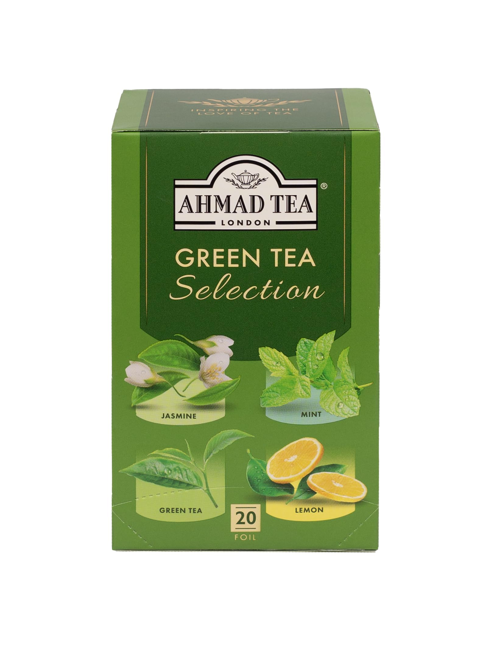 Ahmad Tea Green Tea, Green Tea Selection, Lemon Green Tea, Jasmine Green Tea, Mint Green Tea, & Green Tea Teabags, 20 Ct (Pack Of 1) - Caffeinated & Sugar-Free