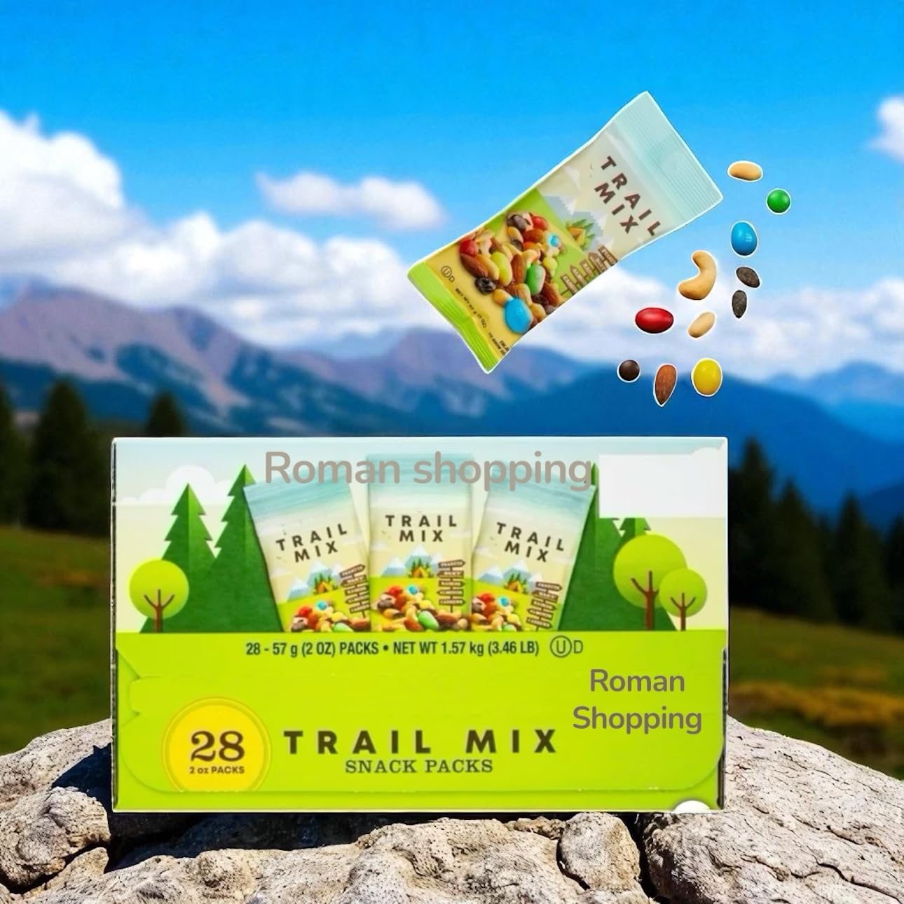 Kirkland Trail Mix Snack Packs - 28 Count (2 oz Each) - Peanuts, Raisins, Chocolate Candies, Almonds & Cashews - Kosher Dairy - 