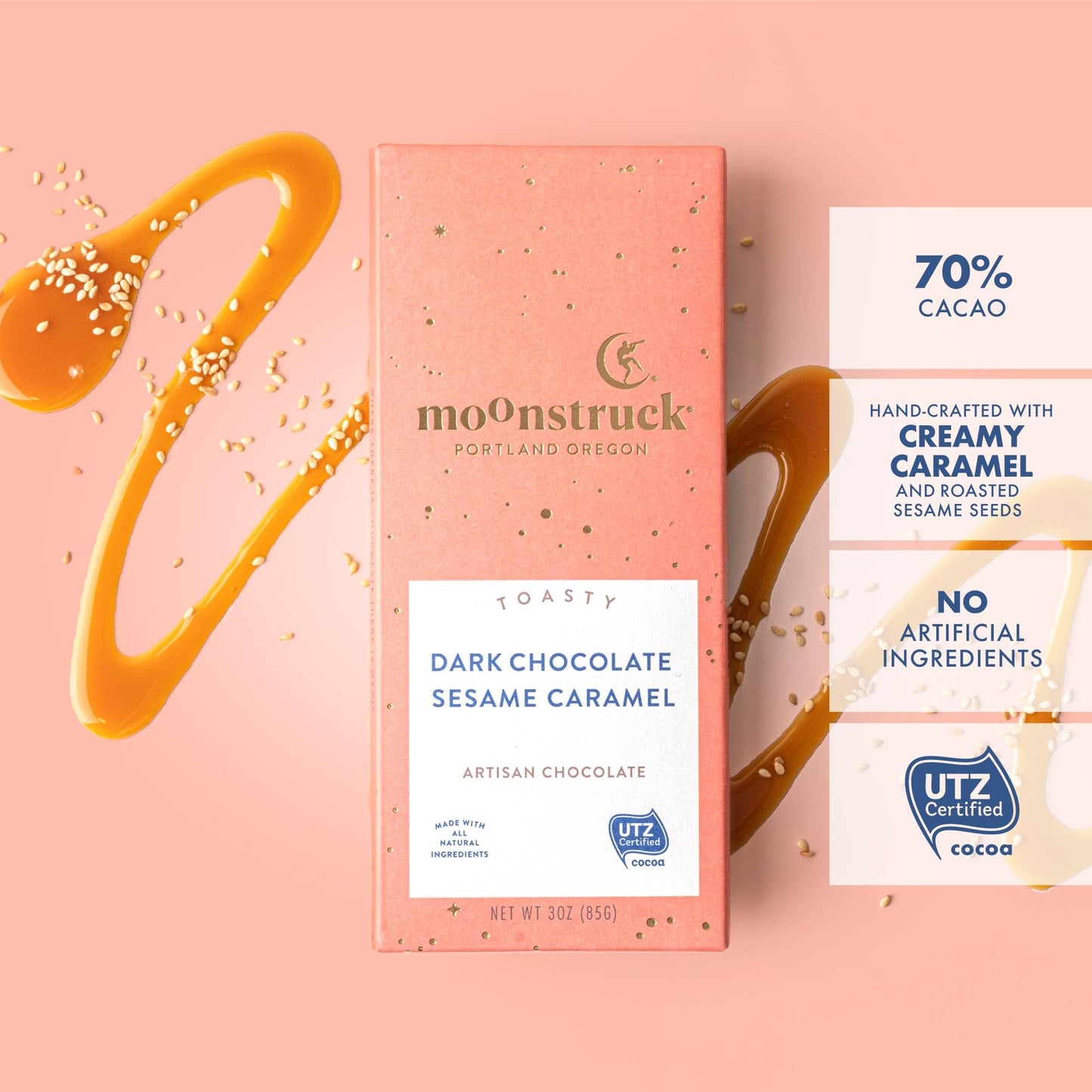 Moonstruck Chocolate Sesame Caramel Dark Chocolate Bar, 73% Cacao, 3.0Oz (Pack Of 12)