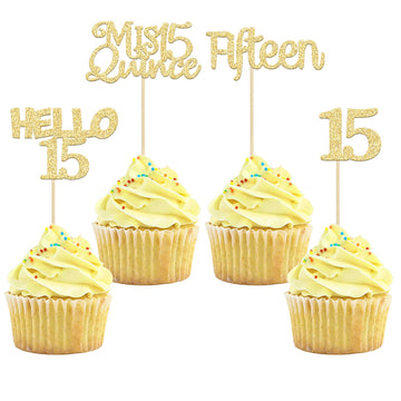 Gyufise 24Pcs Gold Glitter 15Th Birthday Cupcake Toppers Mis Quince 15 Cake Toppers Hello 15 Fifteen Cupcake Picks For 15Th Birt