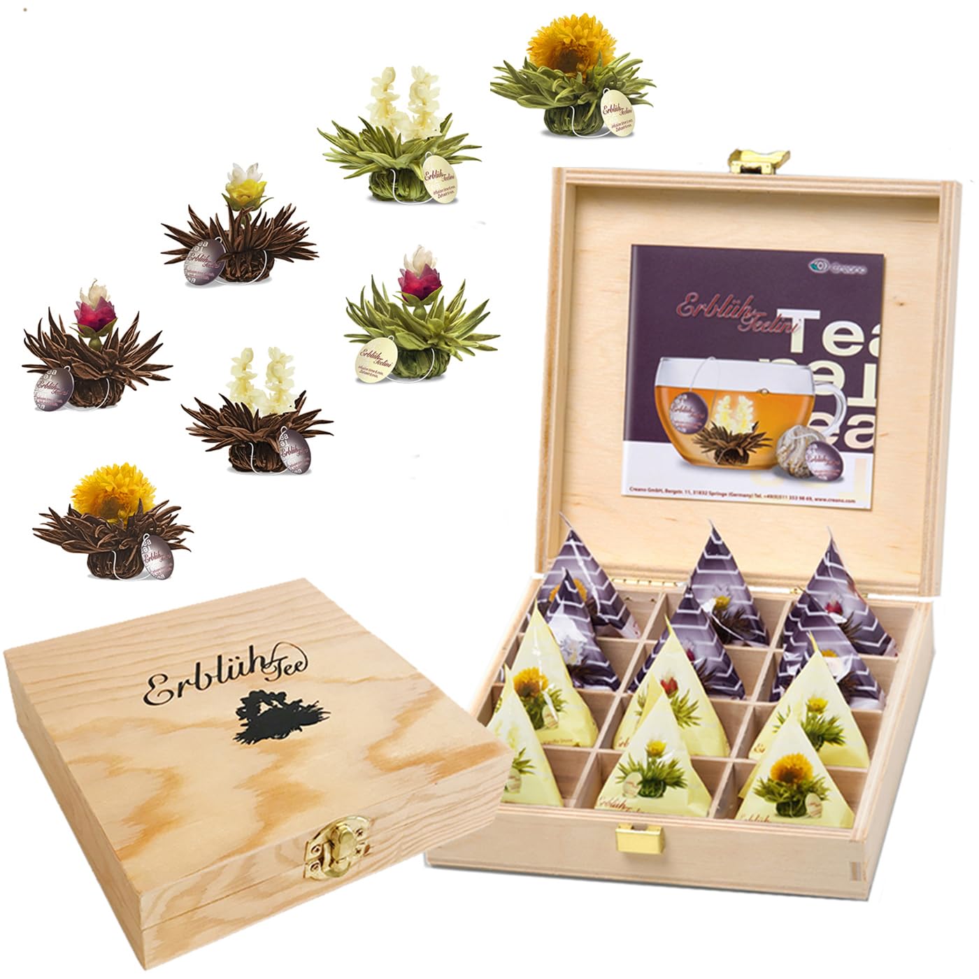 Creano Blooming Tea Gift Set - 12 Tea Flowers in Wooden Box - White & Black Tea - Black & White Cup Size