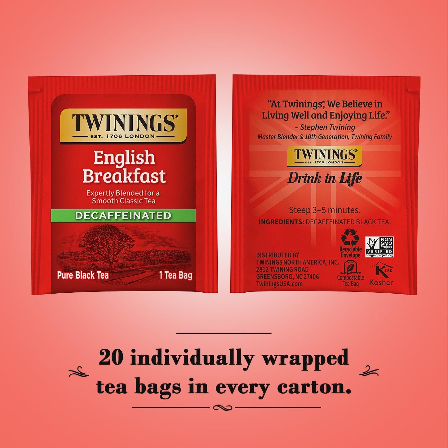 Twinings English Breakfast Decaffeinated Black Tea Bags - Individually Wrapped, 50 Count, Model JOCA-7404