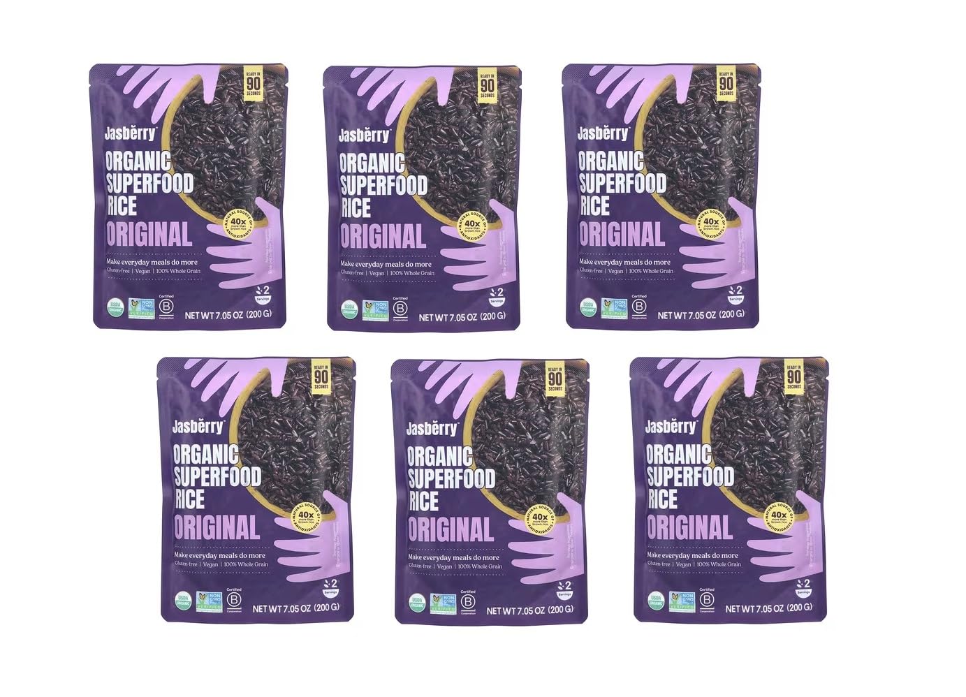Original Organic Rice - Superfood with High Antioxidants, Ready to Eat or Heat, 100% Jasberry Rice, Non-GMO, Gluten-Free, USDA C