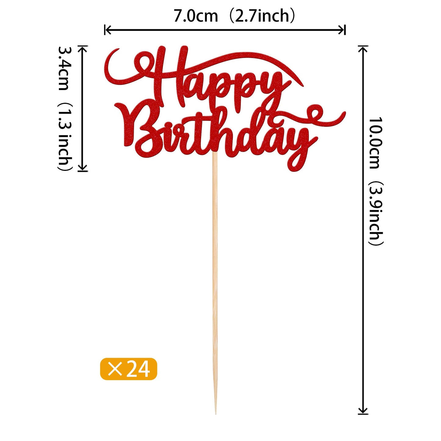 Rssta i 24 Pack Cupcake Toppers, Glitter Birthday Food Picks, Red, Model XM003-Red, Ideal for Happy Birthday Theme Party Decorations
