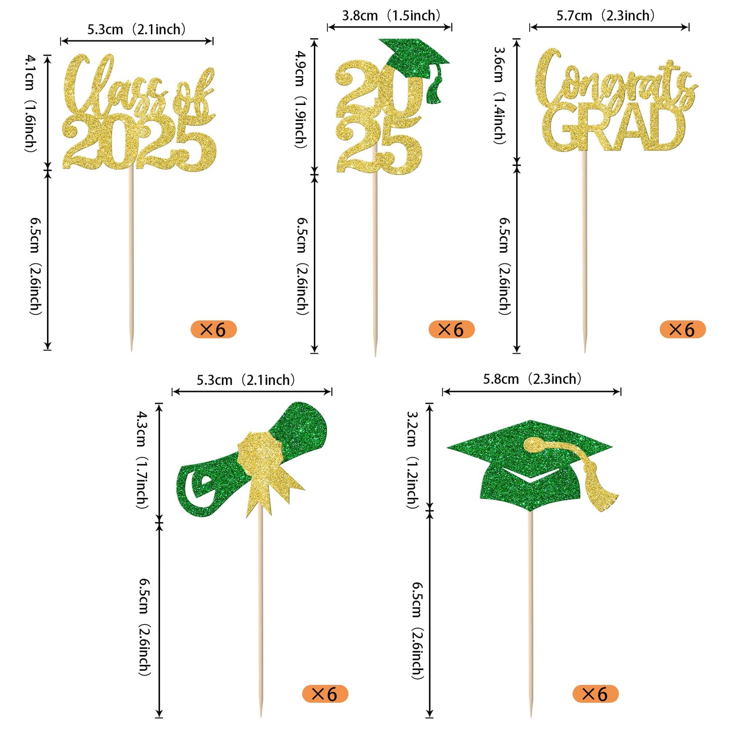 YCTHUNFISH 30 Pack Cupcake Toppers Glitter Grad Decorations for Class of 2025 - Gold Green