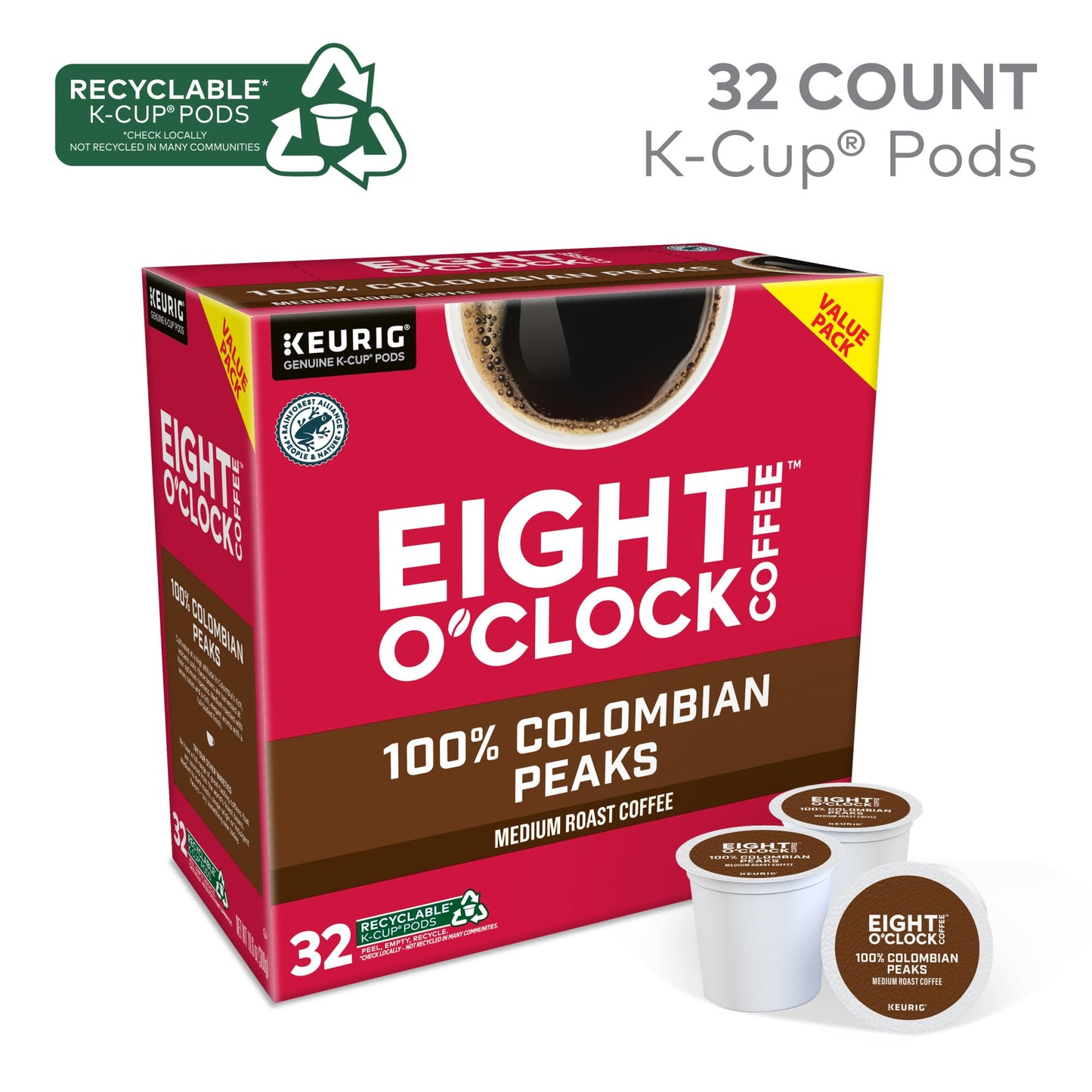 Eight O'Clock Coffee Colombian Peaks Single-Serve Keurig K-Cup Pods, Medium Roast Coffee Pods, 32 Count