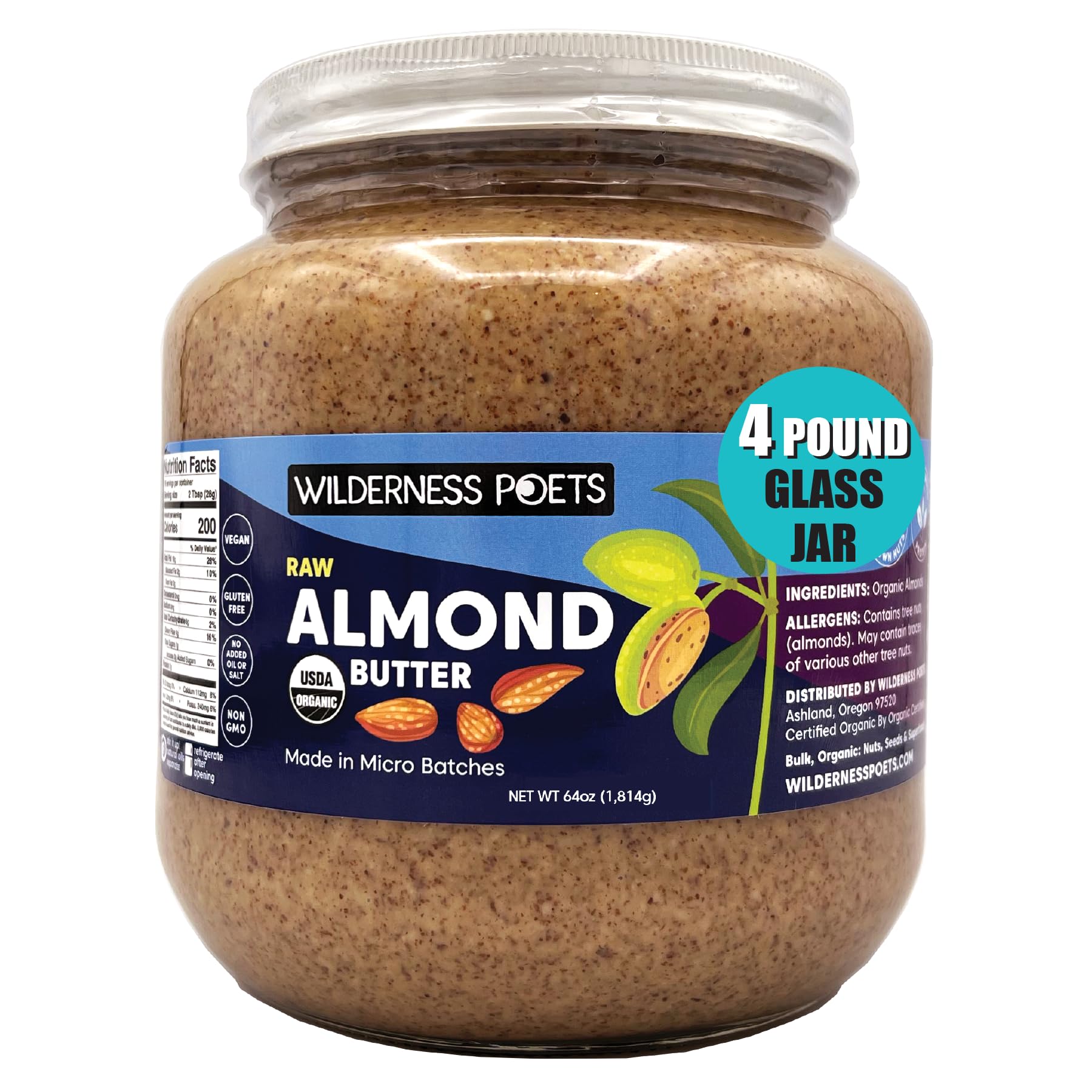 Wilderness Poets, Almond Butter - Organic Raw Nut Butter (4 Pound) - Vegan, Gluten Free, Non Gmo, No Salt, No Sugar
