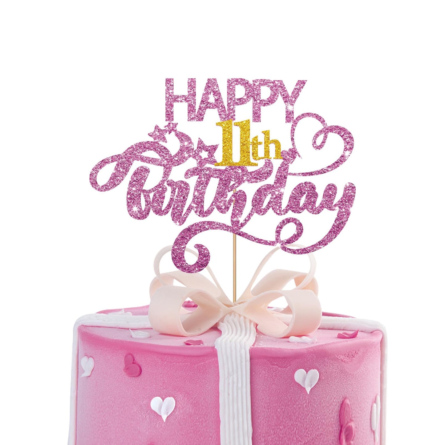 Pink Glitter Happy 11Th Birthday Cake Topper, Eleven Years Old Birthday Party Cake Decor, Gold Number 11 Birthday Party Supplies