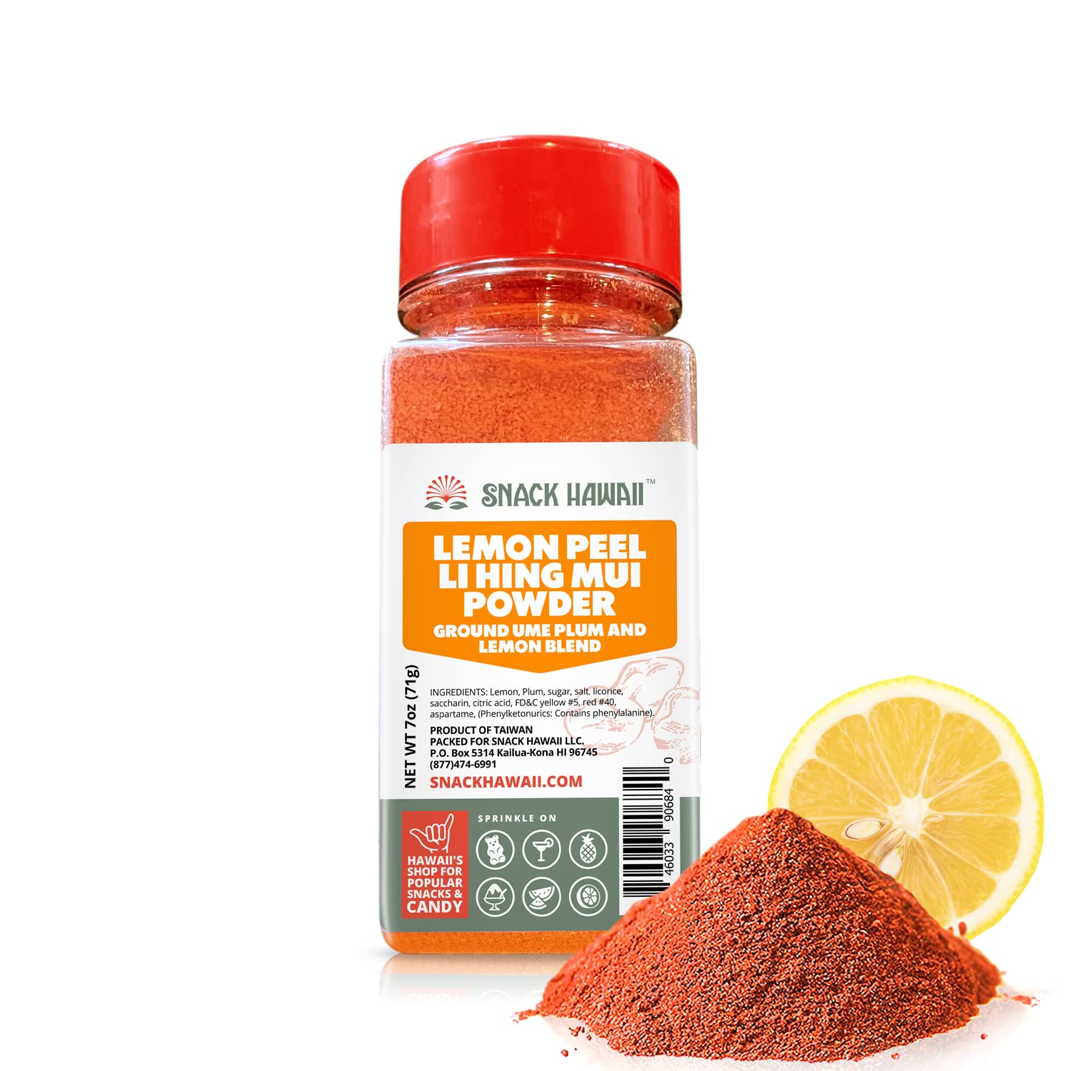 Authentic Lemon Peel Li Hing Mui Powder - Sweet, Sour & Salty Dried Plum Powder, Red Dye-Free, Mess-Free Shaker Bottle - Perfect