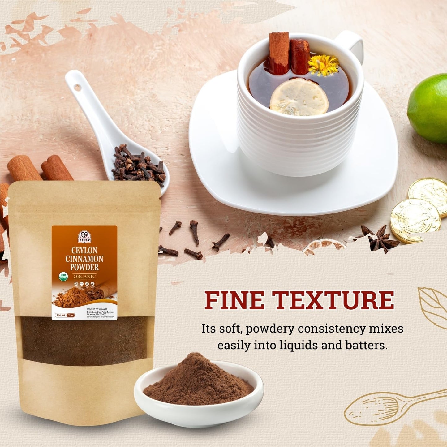 52USA Organic Ceylon Cinnamon Powder  2oz | True Cinnamon from Sri Lanka  Non-GMO  Gluten-Free  Freshly Packed for Baking  Cooking & Beverages