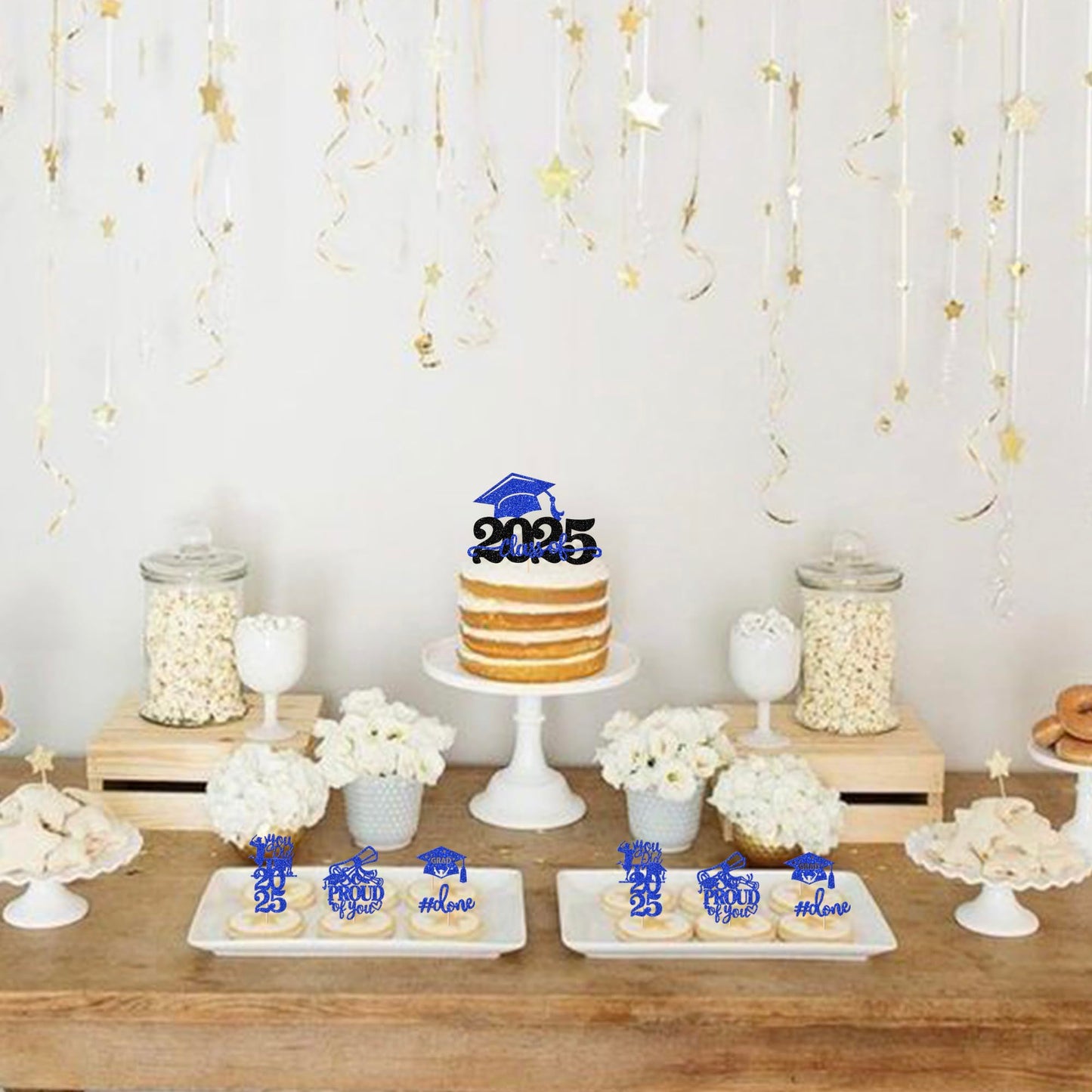 YCTHUNFISH Graduation Cupcake Toppers 25 Pack Glitter Paper Blue 2025 Theme Party Decorations