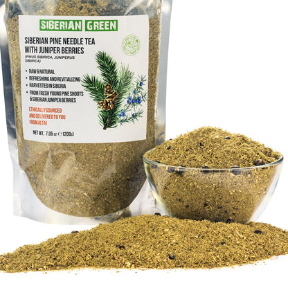 Siberian Green Pine Needle Tea Loose Powder with Juniper Berries 200g (7.05oz) Wild Harvested Pinus Sibirica Juniperus