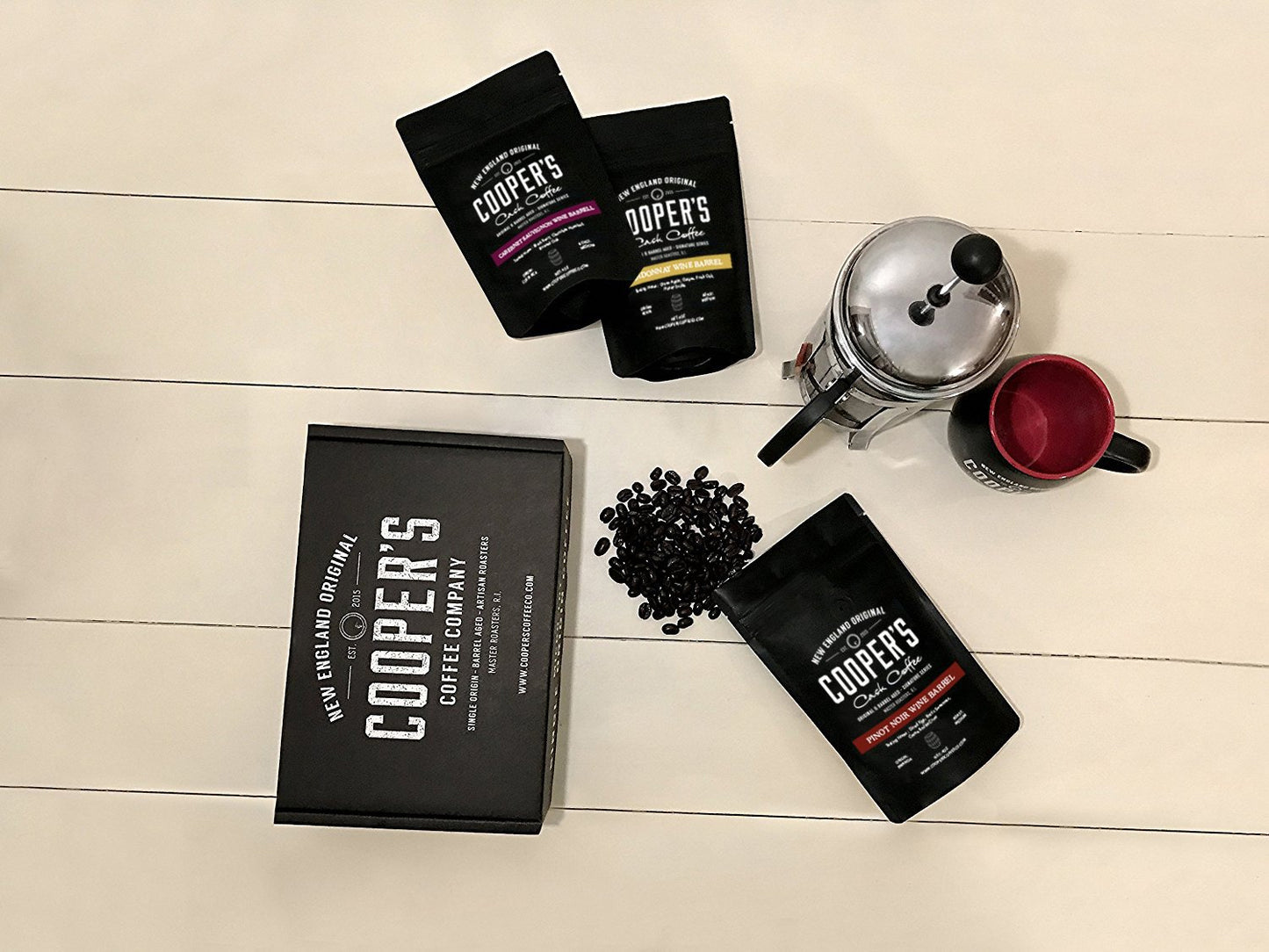 Coopers Cask Coffee Wine Barrel Aged Coffee Gift Box Set, Medium Roast Whole Bean, 12 oz Total, Brown
