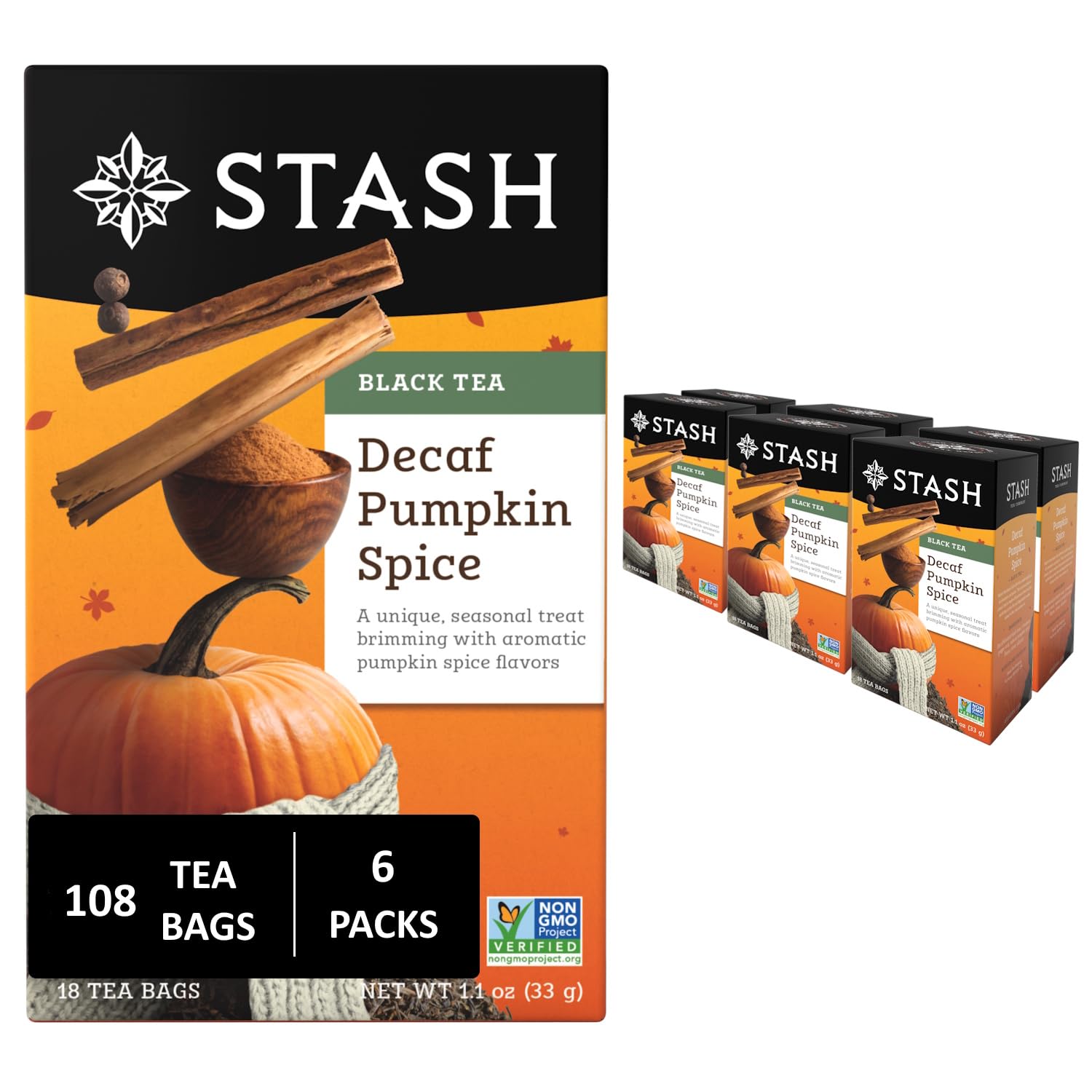 Stash Tea Decaf Pumpkin Spice Black Tea - Decaf  Non-GMO Project Verified enhanced Tea with No Artificial Ingredients  18 Count (Pack of 6) - 108 Bags Total