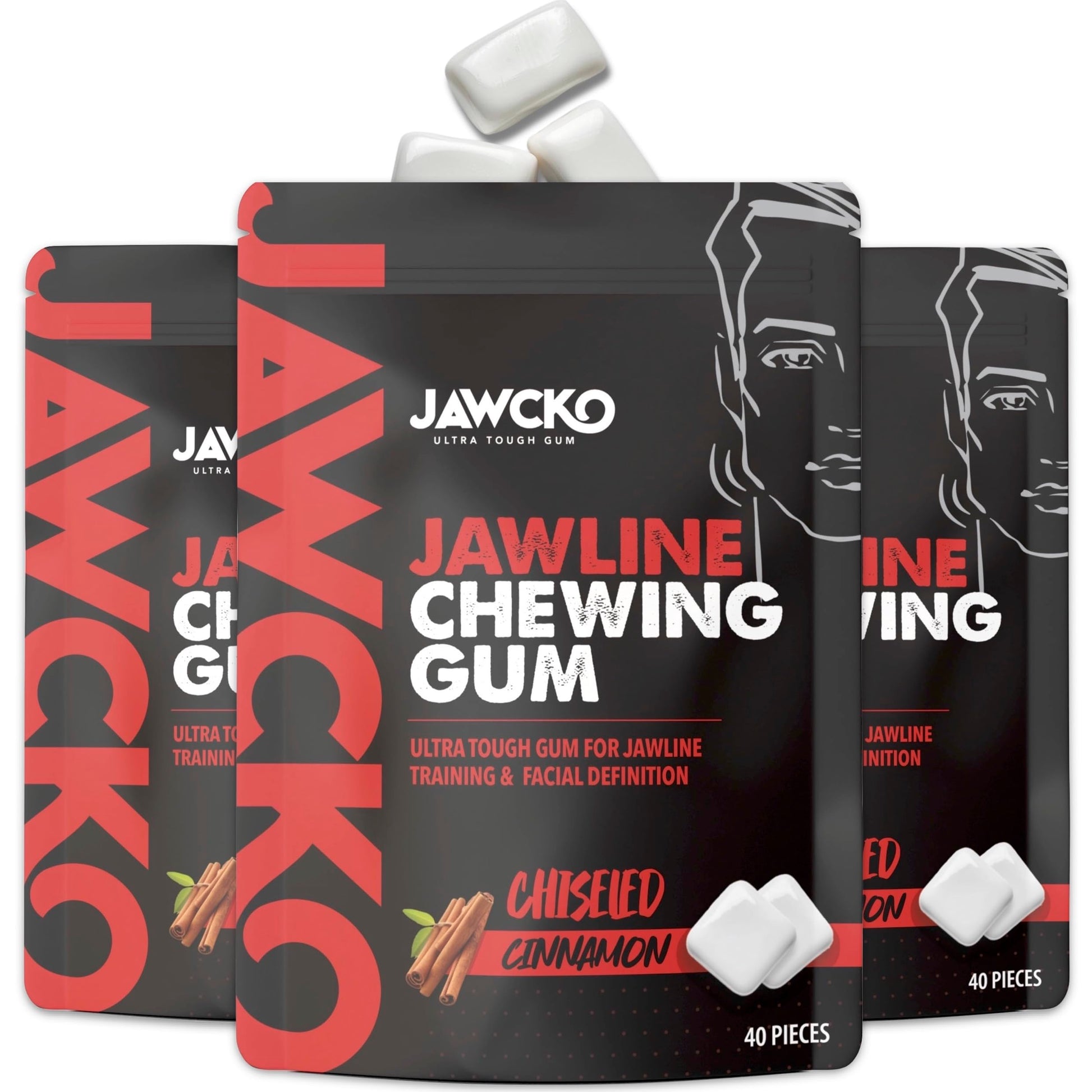 JAWCKO Ultra-Tough Jawline Chewing Gum | Cinnamon Flavor | 6-Pack | Red