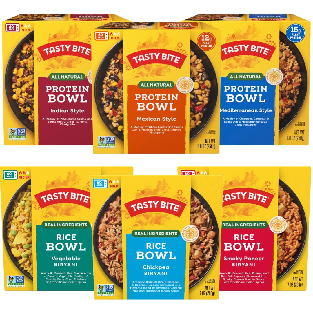 Tasty Bite Bowls Variety, Pack of 6, Mexican Protein, Mediterranean Protein, Indian Protein, Chickpea Biryani, Smoky Paneer Biry