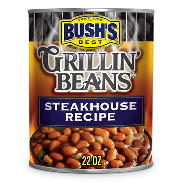 BUSH'S BEST Canned Steakhouse Recipe Grillin' Beans (Pack of 12), Source of Plant Based Protein and Fiber, Low Fat, Gluten Free,